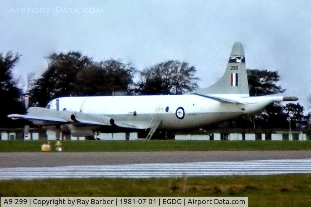 A9-299, 1969 Lockheed P-3B Orion C/N LC-5409, A9-299   Lockheed P-3AEW Orion [5409] (Royal Australian Air Force) RAF St Mawgan-Newquay~G 01/07/1981 . From a slide not the best of images.