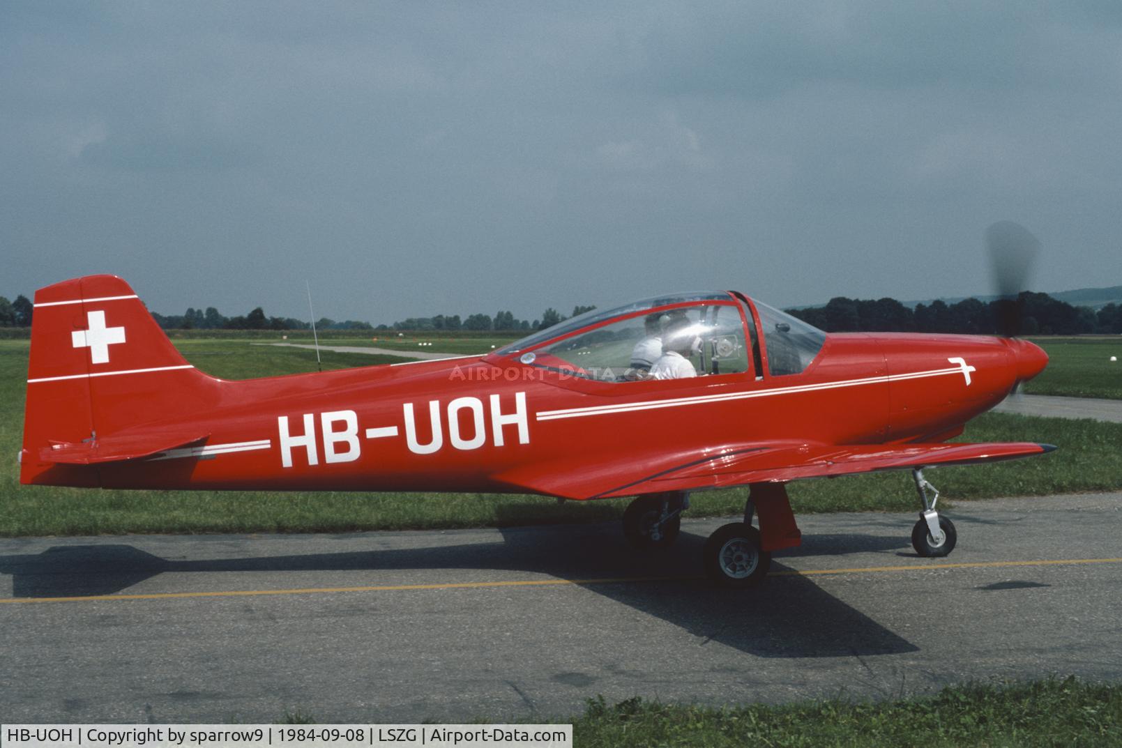 HB-UOH, 1956 Aviamilano F-8L Falco Series 1 C/N 105, At Grenchen airport. Scanned from a slide.