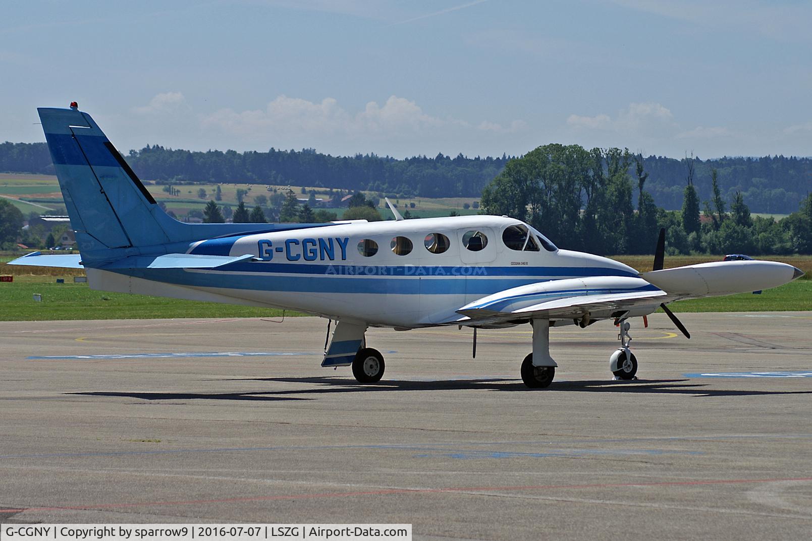 G-CGNY, 1979 Cessna 340A C/N 340A-0948, At Grenchen airport. Deregistered 2018-06-22 and reregistered HB-LMN 2018-09-03