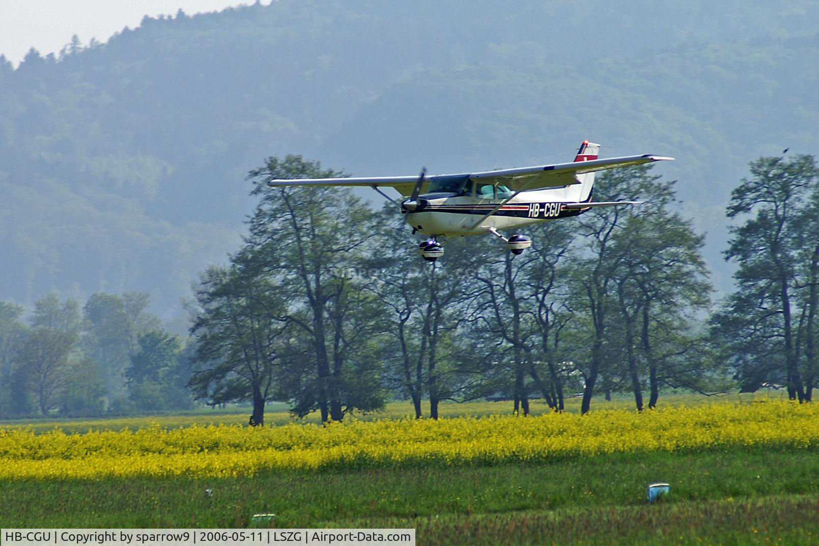 HB-CGU, 1982 Reims F172P C/N 2194, Landing at Grenchen airport. HB-registered from 1983-02-10 until 2015-02-13 and from 2015-06-08 until 2016-02-17.