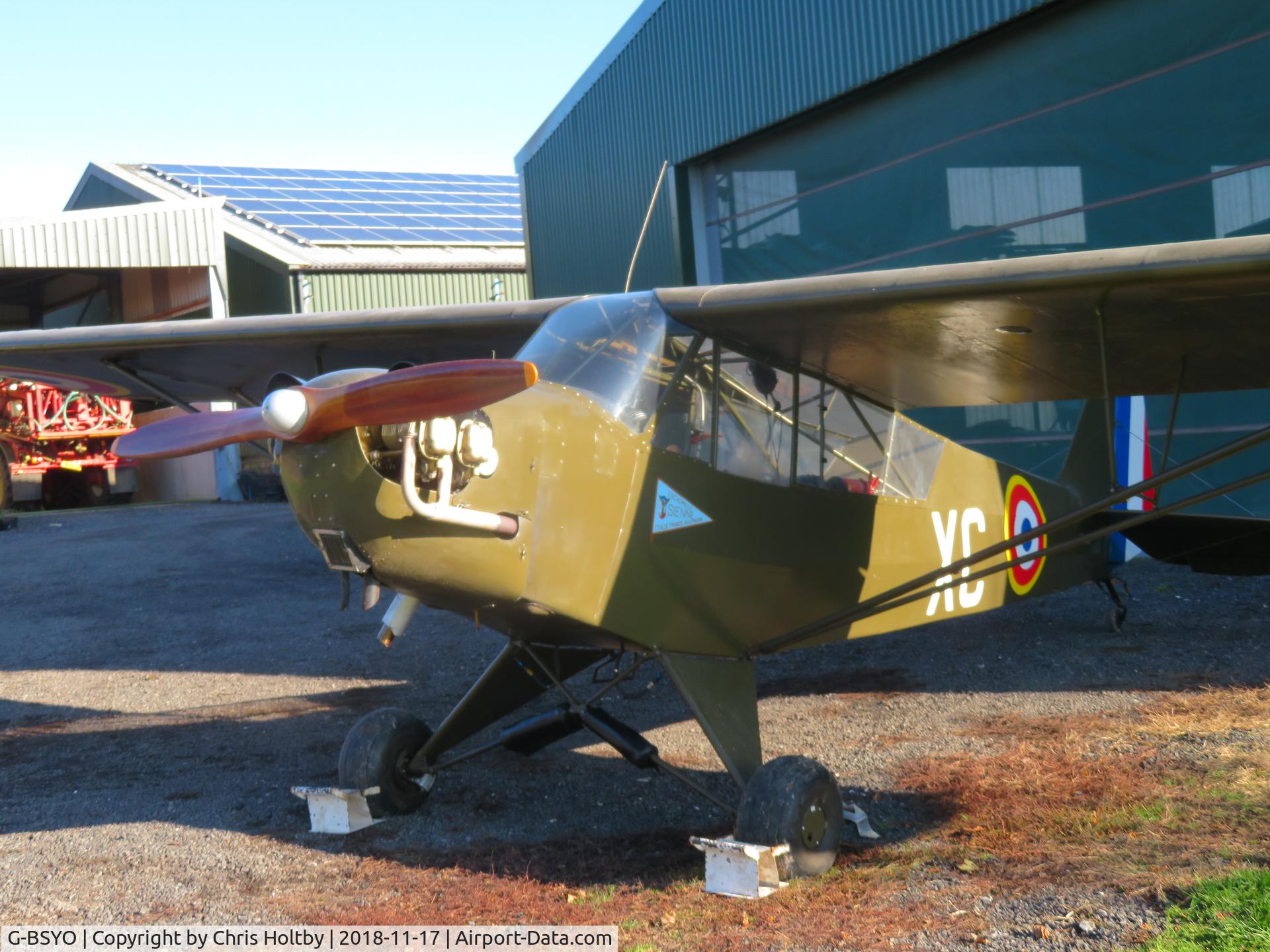 G-BSYO, 1942 Piper L-4J Grasshopper (J3C-65D) C/N 10244, At Pent Farm airfield near Folkestone.