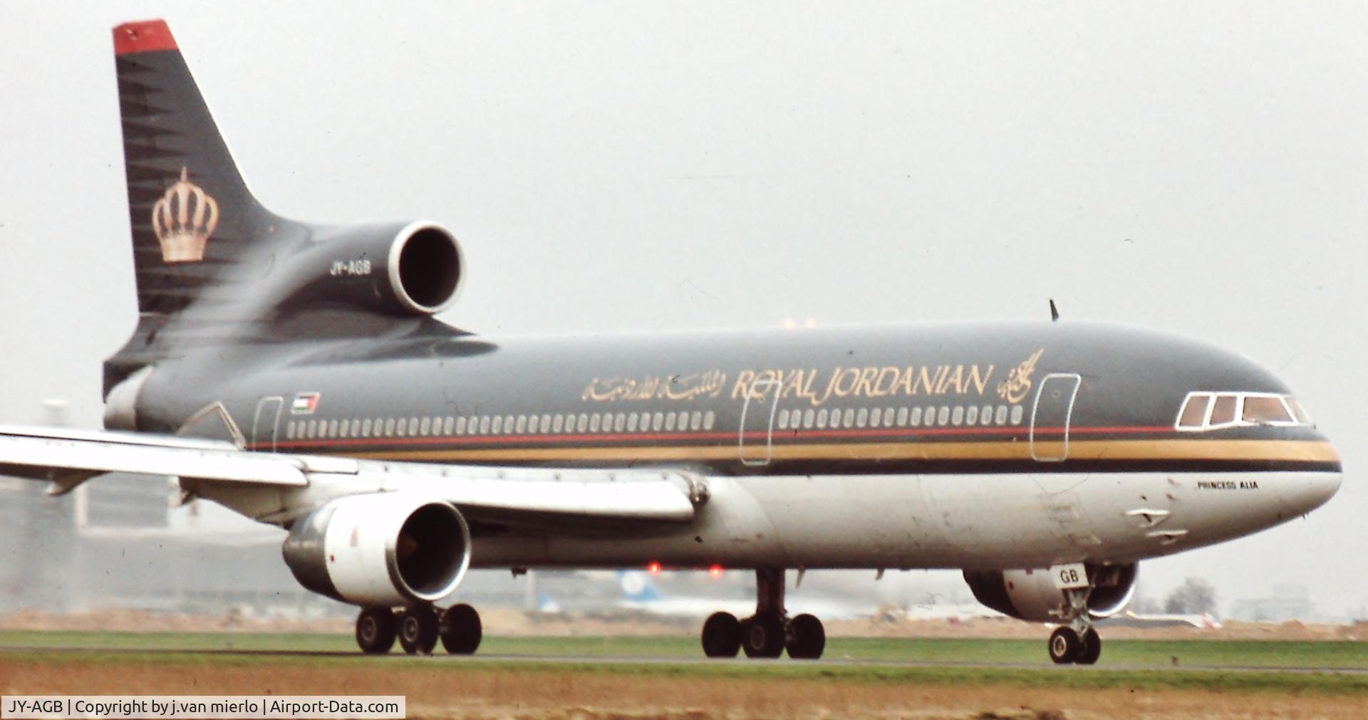 JY-AGB, 1981 Lockheed L-1011-385-3 TriStar 500 C/N 293A-1219, taxiing Brussels towards t/o rwy 25R '90s