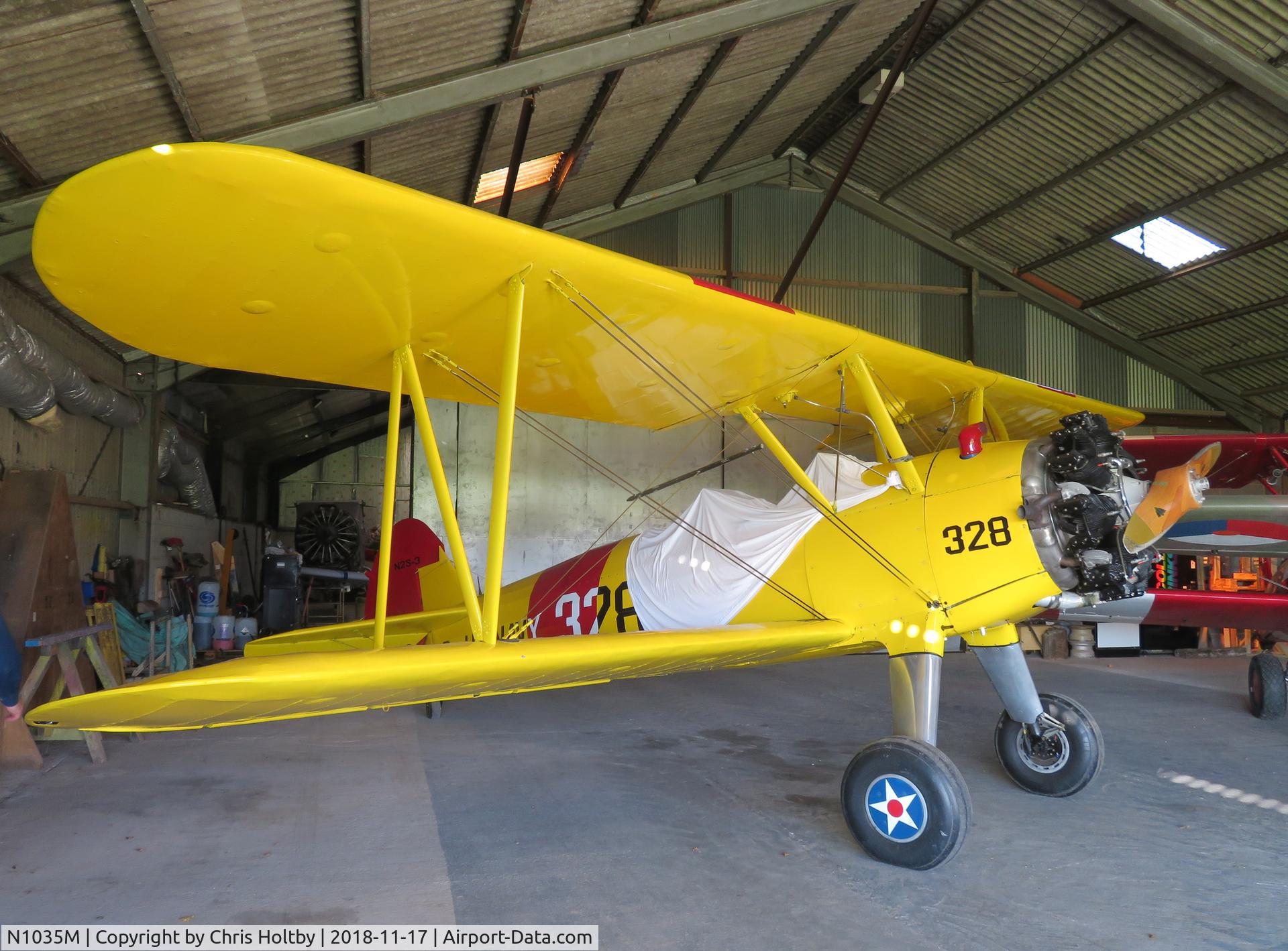 N1035M, 1942 Boeing A75N1 (PT17) C/N 75-7313, Resident and stored in the hangar at Pent Farm Airfield, Kent