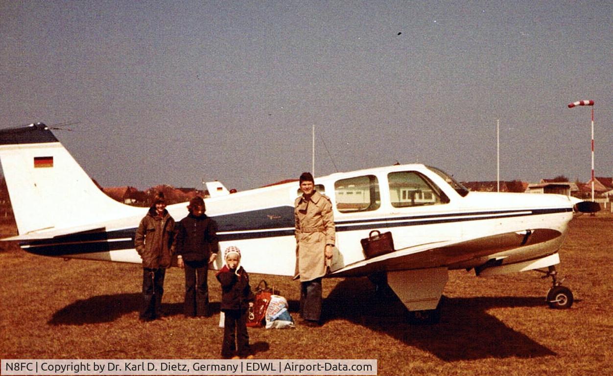 N8FC, 1964 Beech 35-B33 Debonair C/N CD-791, Picture of 1976 at German airfield EDWL - Langeoog . Registration then was German, D-EIRK. Owner at the time  was Dr. Karl D. Dietz. A later owner  changed it  into N8FC in 1987/1988.