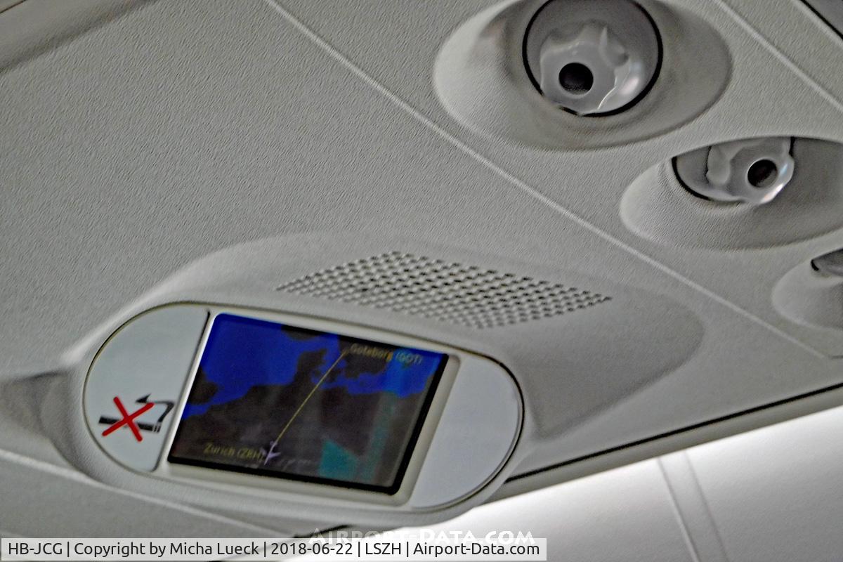 HB-JCG, 2017 Bombardier CSeries CS300 (BD-500-1A11) C/N 55020, A great feature of the CS300: A small in-built display for the flight map and info. However, hard to read when you are in an aisle seat.
