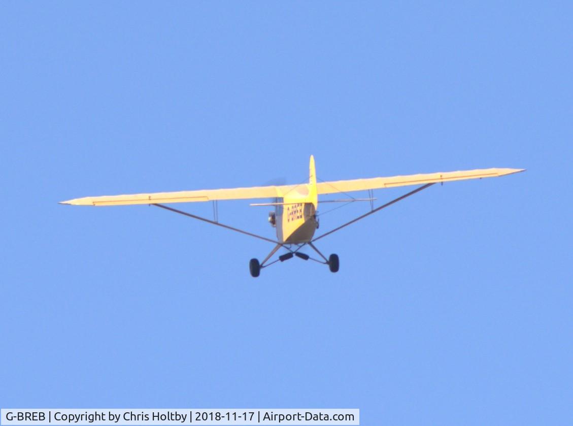 G-BREB, 1941 Piper J3C-65 Cub Cub C/N 7705, Just taken off from Pent Farm Airfield, Kent