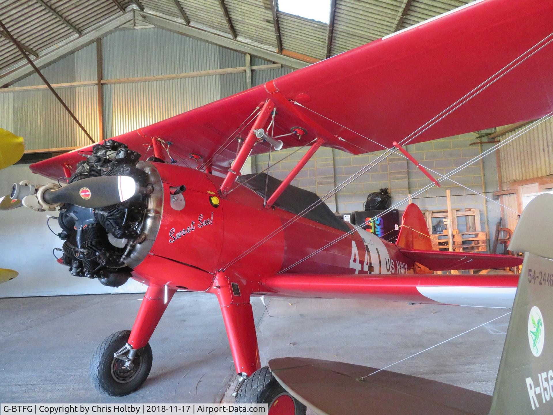 G-BTFG, 1940 Boeing A75N1 C/N 75-3441, In hangar at Pent Farm airfield, Kent. 'Sweet Sue' in immaculate condition.