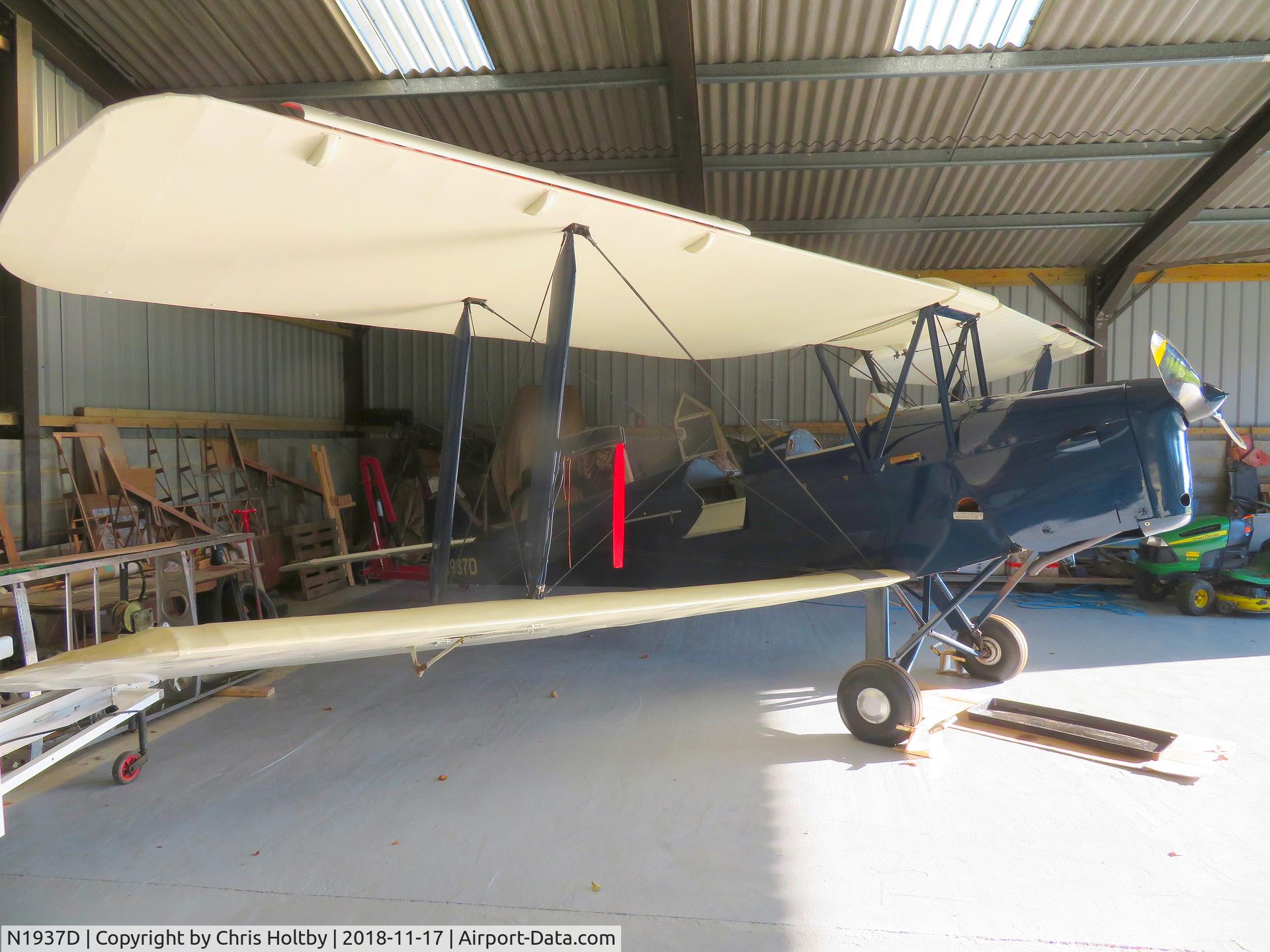 N1937D, 1937 De Havilland DH-82A Tiger Moth II C/N 3621, Stored in hangar at Pent Farm Airfield, Kent in new blue livery.