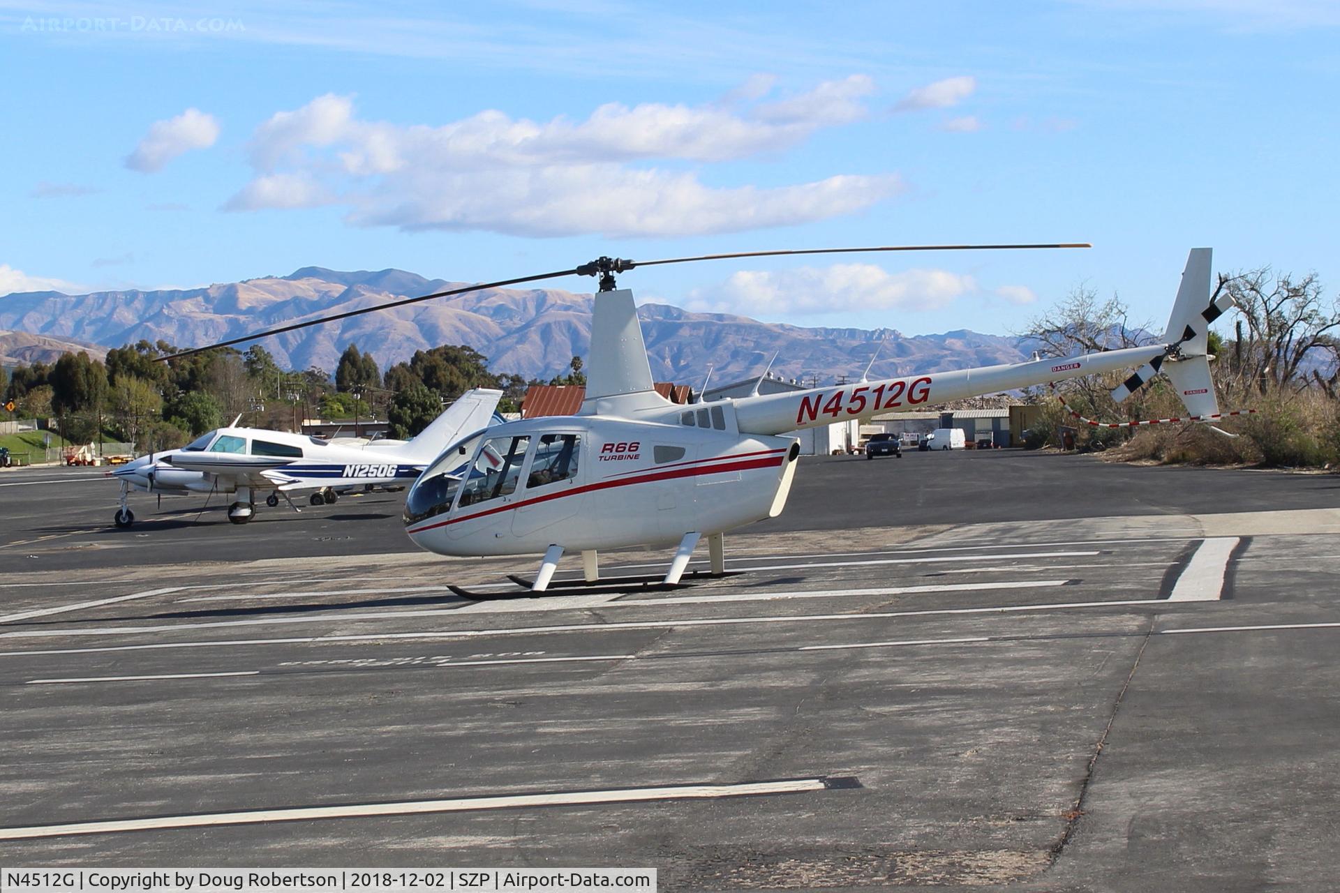 N4512G, Robinson R66 C/N 0003, 2010 Robinson R66, one Rolls-Royce 250-C300/A1 Turboshaft derated to 270 sHp for takeoff, 224 shaft Hp max continuous. No.3 R66 build. Experimental R&D class. On SZP Helipad.