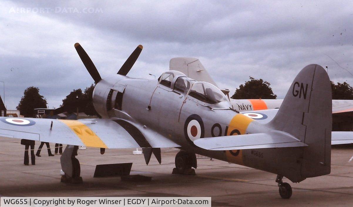 WG655, 1952 Hawker Sea Fury T.20 C/N 41H/636070, Coded 910/GN. At a RNAS Yeovilton Naval Air Day in the late 1970s.