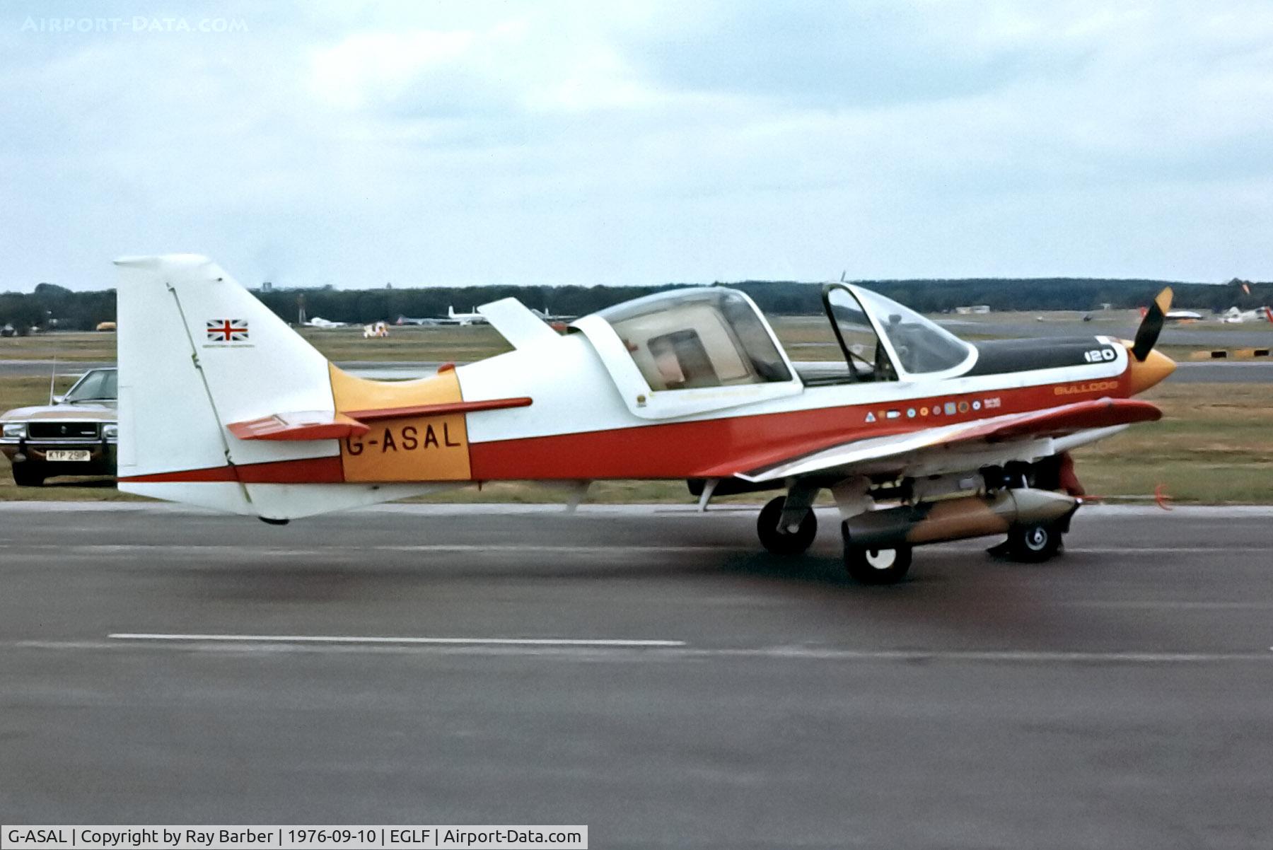G-ASAL, 1973 Scottish Aviation Bulldog Series 120 Model 124 C/N BH120/239, G-ASAL   Scottish Aviation SA.120-124 Bulldog [BH129/239] Farnborough~G 10/09/1976. From a slide.