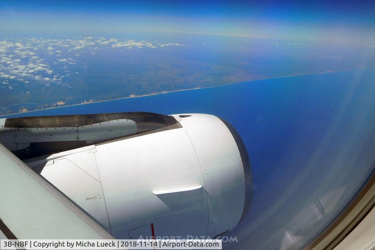 3B-NBF, 2001 Airbus A319-112 C/N 1592, Passing the East coast of Madagascar (JNB-MRU)