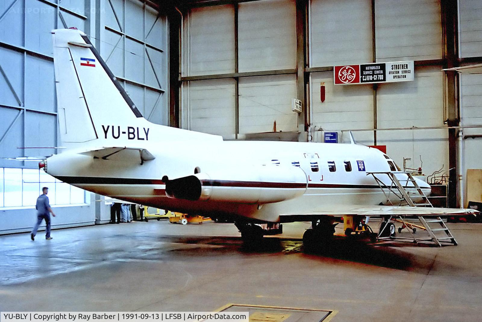 YU-BLY, 1978 Rockwell International NA-265-80 Sabreliner C/N 380-65, YU-BLY   Rockwell Sabreliner 75A [380-65] (Yugoslavian Government) Basel-Mulhouse~F 13/09/1991. From a slide Badly damaged in a aborted take off Brownwood TX on the 09-05-2005 whilst registered as N69JN cancelled by the FAA 18-07-2017.