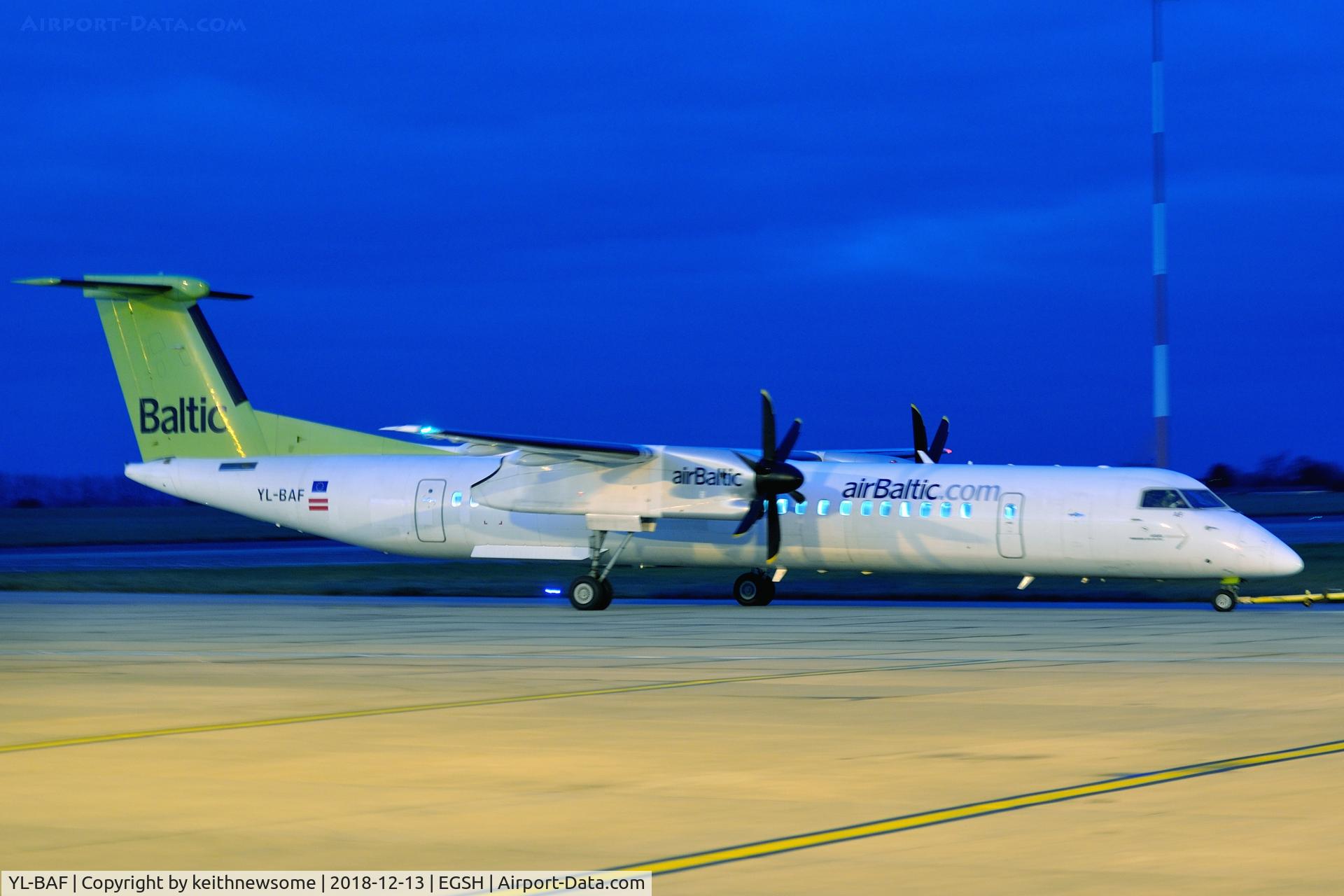 YL-BAF, 2009 De Havilland Canada DHC-8-402Q Dash 8 C/N 4293, Arriving at Norwich for paintwork.