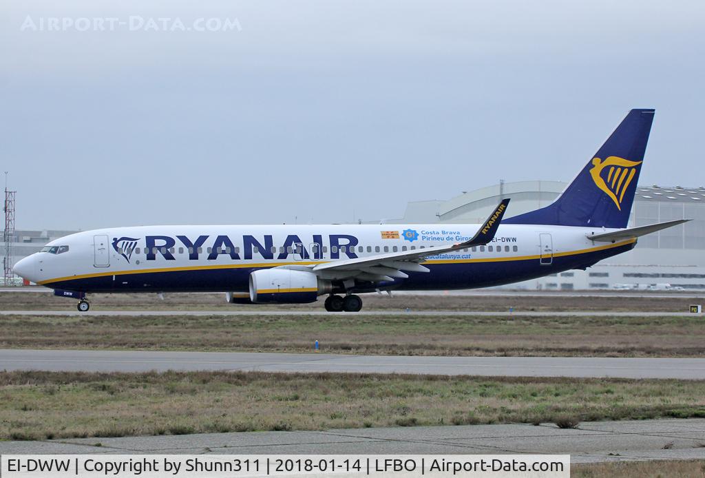 EI-DWW, 2008 Boeing 737-8AS C/N 33629, Taxiing holding point rwy 32R for departure... additional 'Catalunya / Costa Brava / Pirineu de Girona' sticker on the rear fuselage