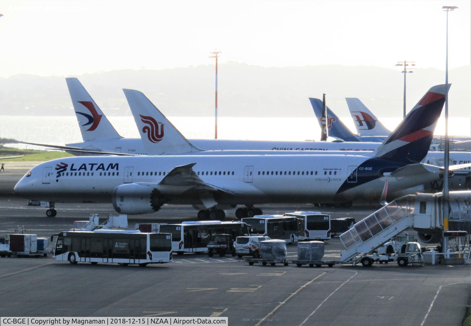 CC-BGE, 2015 Boeing 787-9 Dreamliner C/N 38478, crowded apron with LAM taxying out