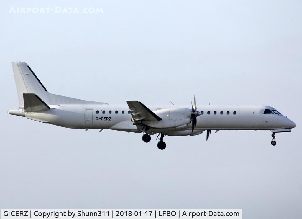G-CERZ, 1997 Saab 2000 C/N 2000-042, Landing rwy 32L in all white c/s without titles... Operated by Eastern Airways