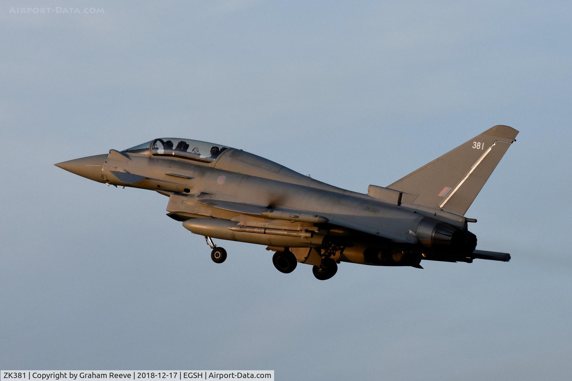 ZK381, Eurofighter EF-2000 Typhoon T.3 C/N BT026/316, Departing Norwich.