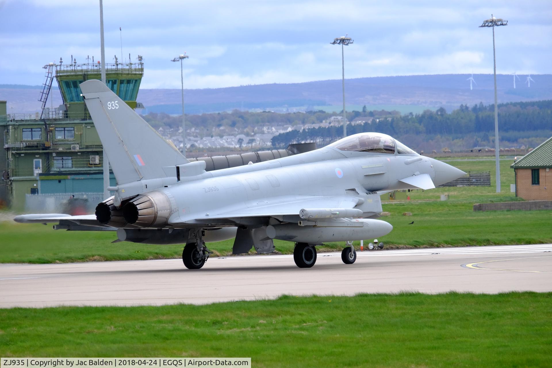 ZJ935, 2006 Eurofighter EF-2000 Typhoon FGR4 C/N 0115/BS026, ZJ935 leaving Lossiemouth  as part of II sqn for Baltic airpolicing mission in Romania