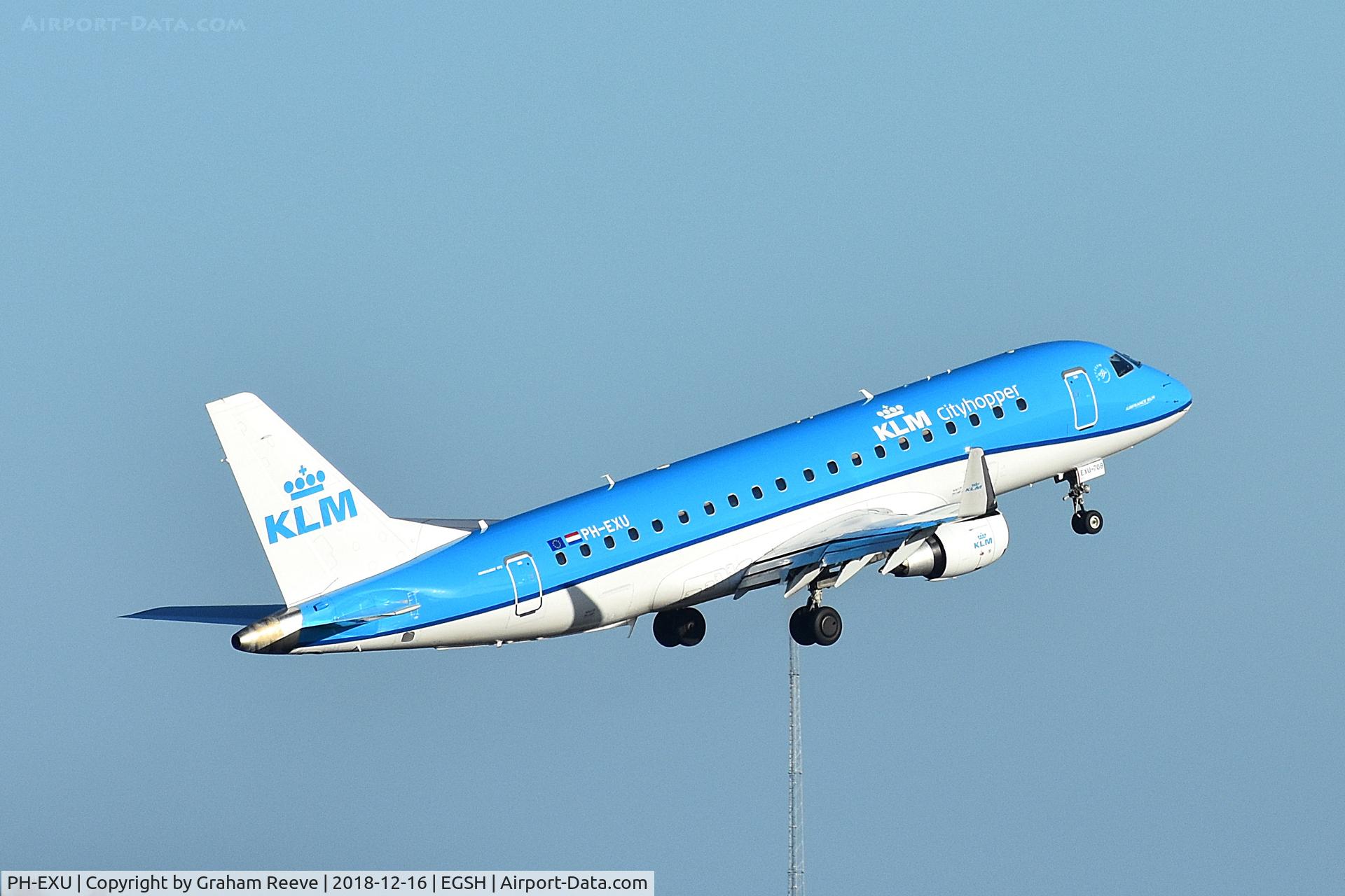 PH-EXU, 2018 Embraer 175STD (ERJ-170-200) C/N 17000708, Departing from Norwich.