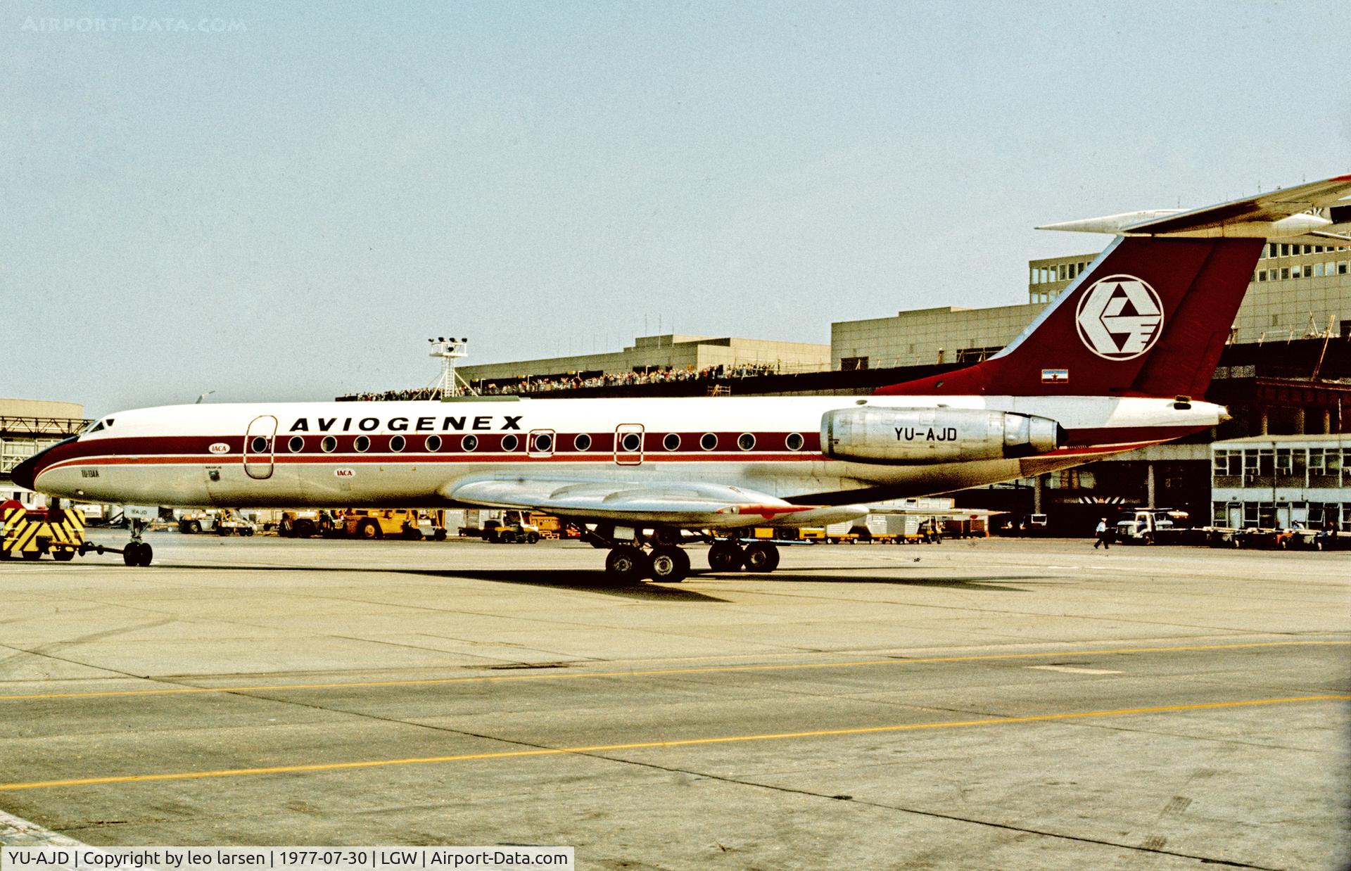 YU-AJD, 1972 Tupolev Tu-134A C/N 2351508, London Gatwick 30.7.1977