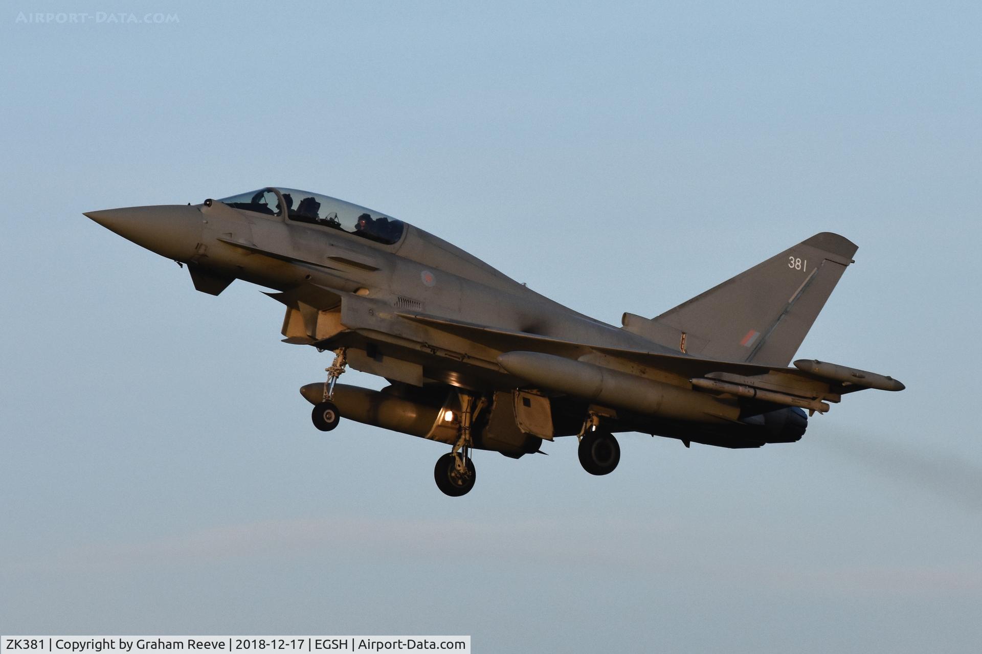 ZK381, Eurofighter EF-2000 Typhoon T.3 C/N BT026/316, Departing from Norwich.