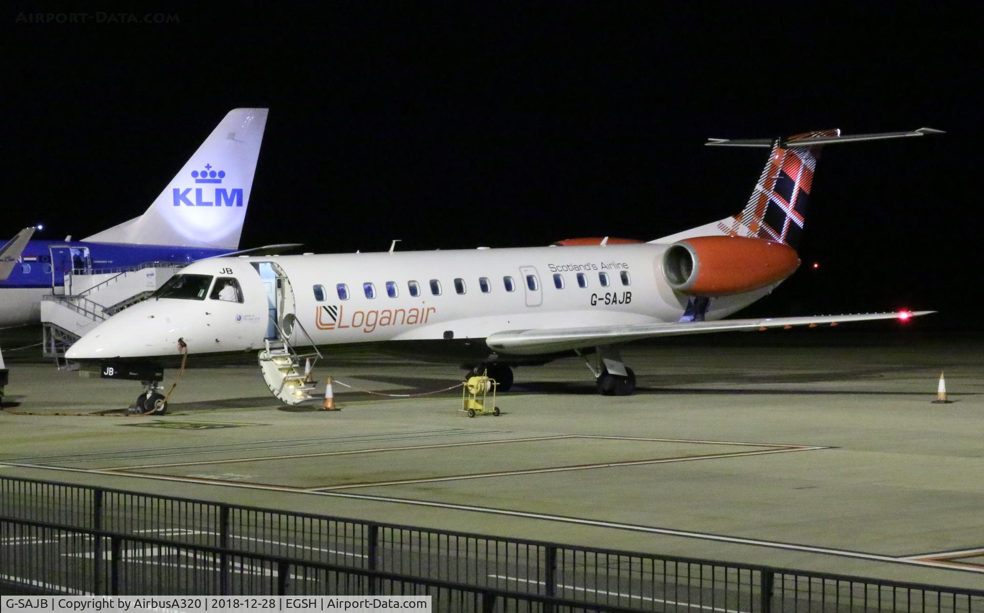 G-SAJB, 2001 Embraer ERJ-135ER (EMB-135ER) C/N 145473, Seen at Norwich on her 2nd visit to this airport shortly to be based here to replace the Dornier fleet