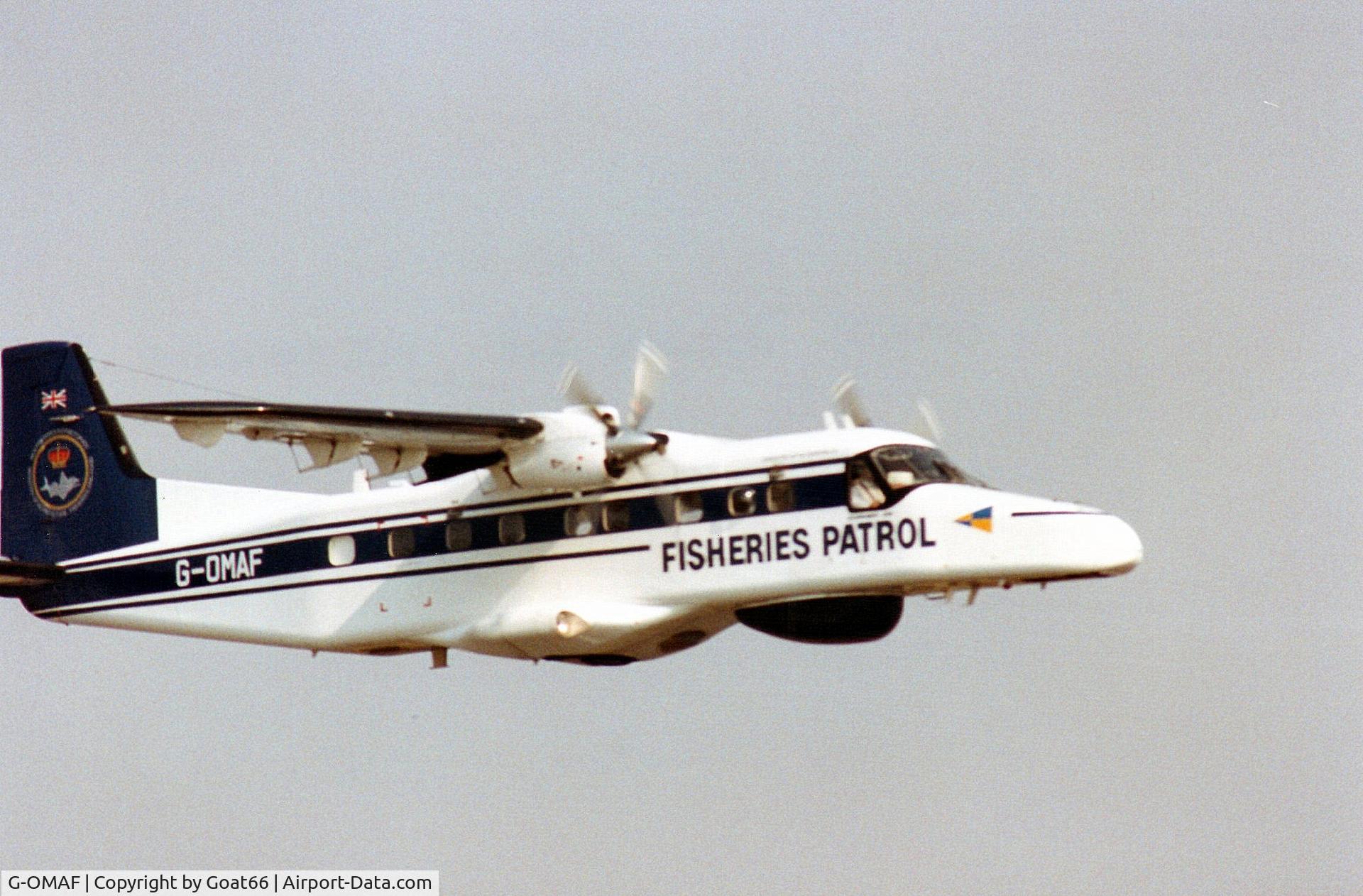 G-OMAF, 1986 Dornier 228-202K C/N 8112, Leaving IAT 1989 - note crest on tail