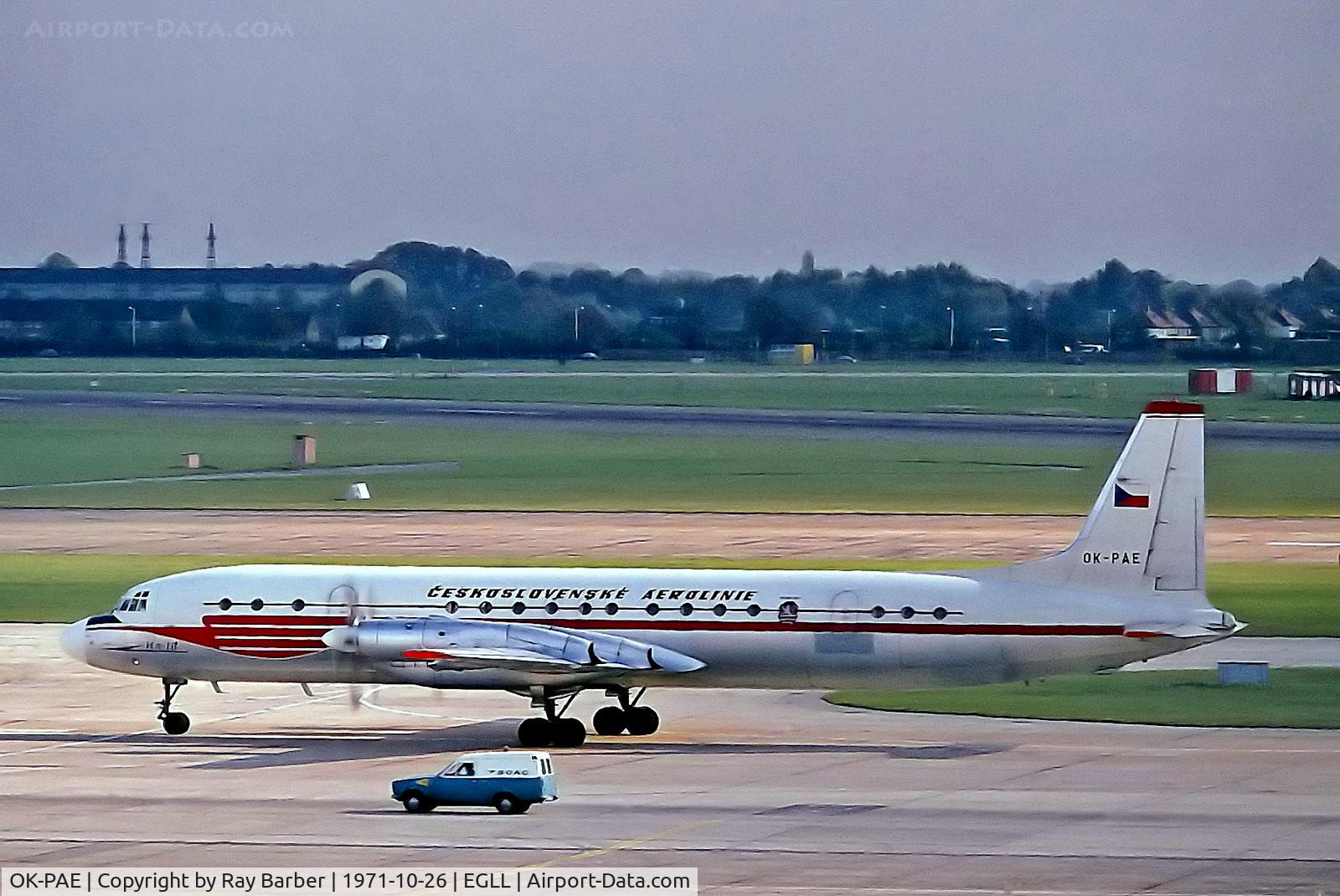 OK-PAE, 1961 Ilyushin Il-18V C/N 181002902, OK-PAE   Ilyushin IL-18V [181002902] (Ceskoslovenske Aerolinie) Heathrow~G 26/10/1971. From a slide.