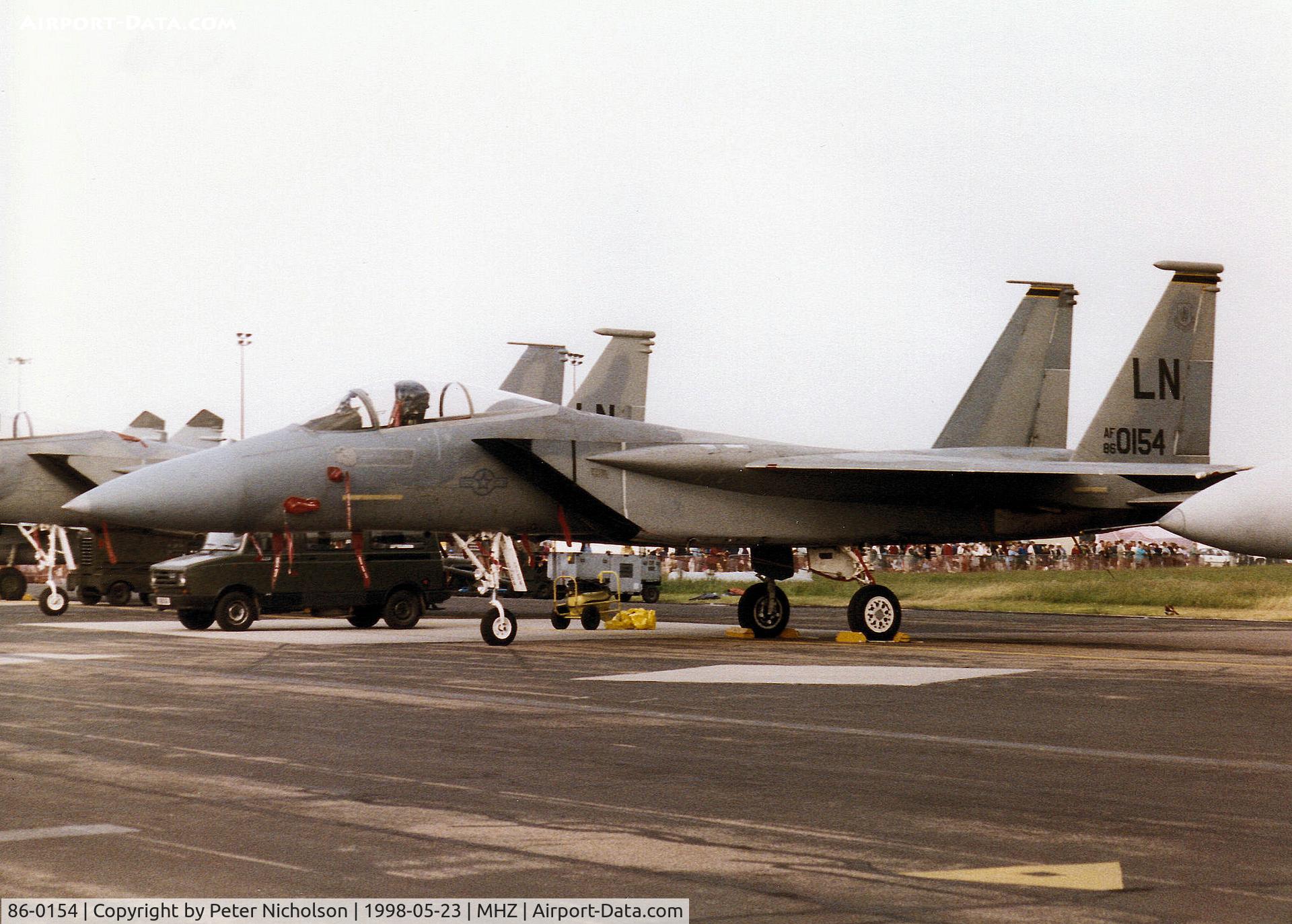 86-0154, 1986 McDonnell Douglas F-15C Eagle C/N 1001/C382, F-15C Eagle of 493rd Fighter Squadron/48th Fighter Wing at RAF Lakenheath on static display at the 1998 RAF Mildenhall Air Fete.