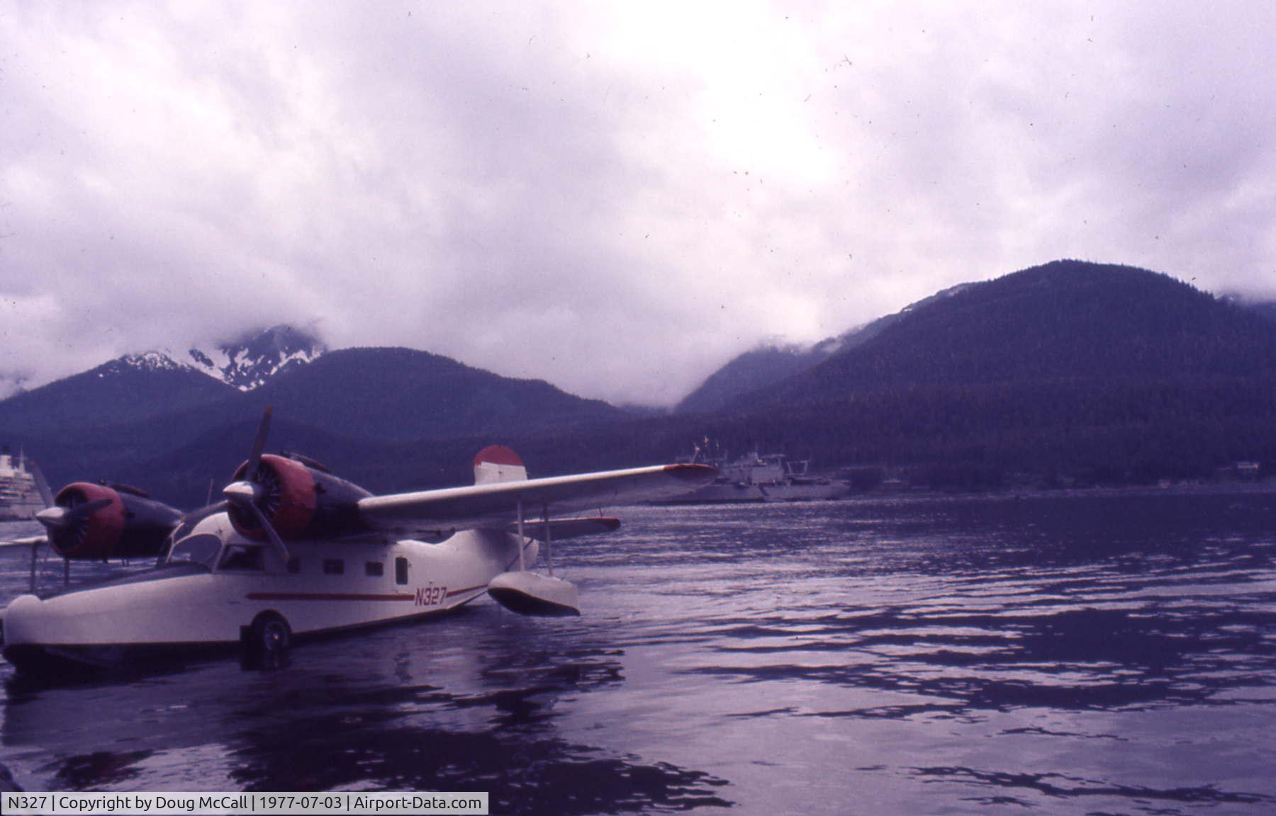 N327, Grumman G-21A Goose C/N 1051, N327 Afloat in Juneau Alaska harbor, 1977.  Took a Plane Ride over Juneau Ice Field during Alaska Cruise on Sun Princess