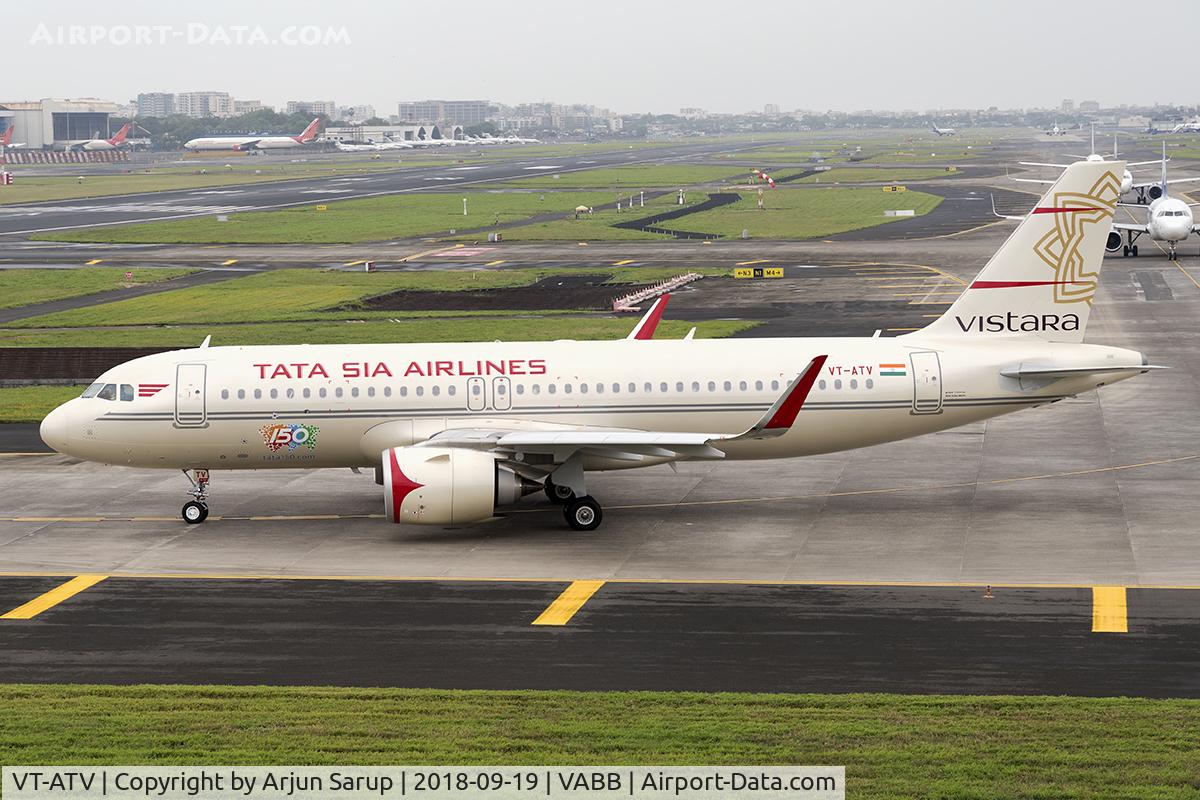 VT-ATV, 2018 Airbus A320-251N C/N 8326, Retrojet beauty on the turn for departure to Delhi as UK994 on an overcast morning.  This special livery was inspired by the original Tata Air Services DC-3.  The Tata 150th year logo is visible on the fuselage.