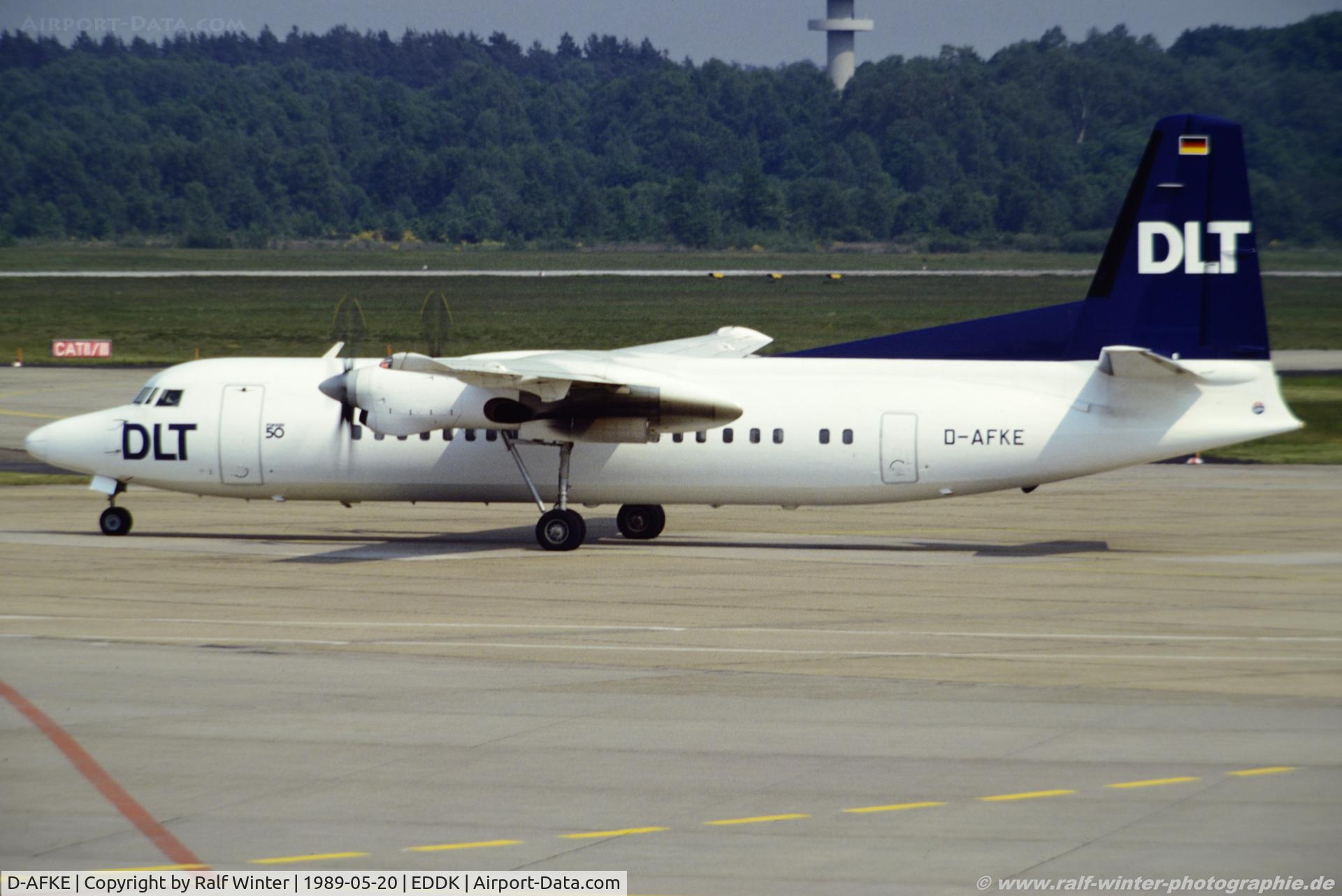 D-AFKE, 1988 Fokker 50 C/N 20133, Fokker F50 F-27-050 - DW DLT DLT - 20133- D-AFKE - 20.05.1989 - CGN