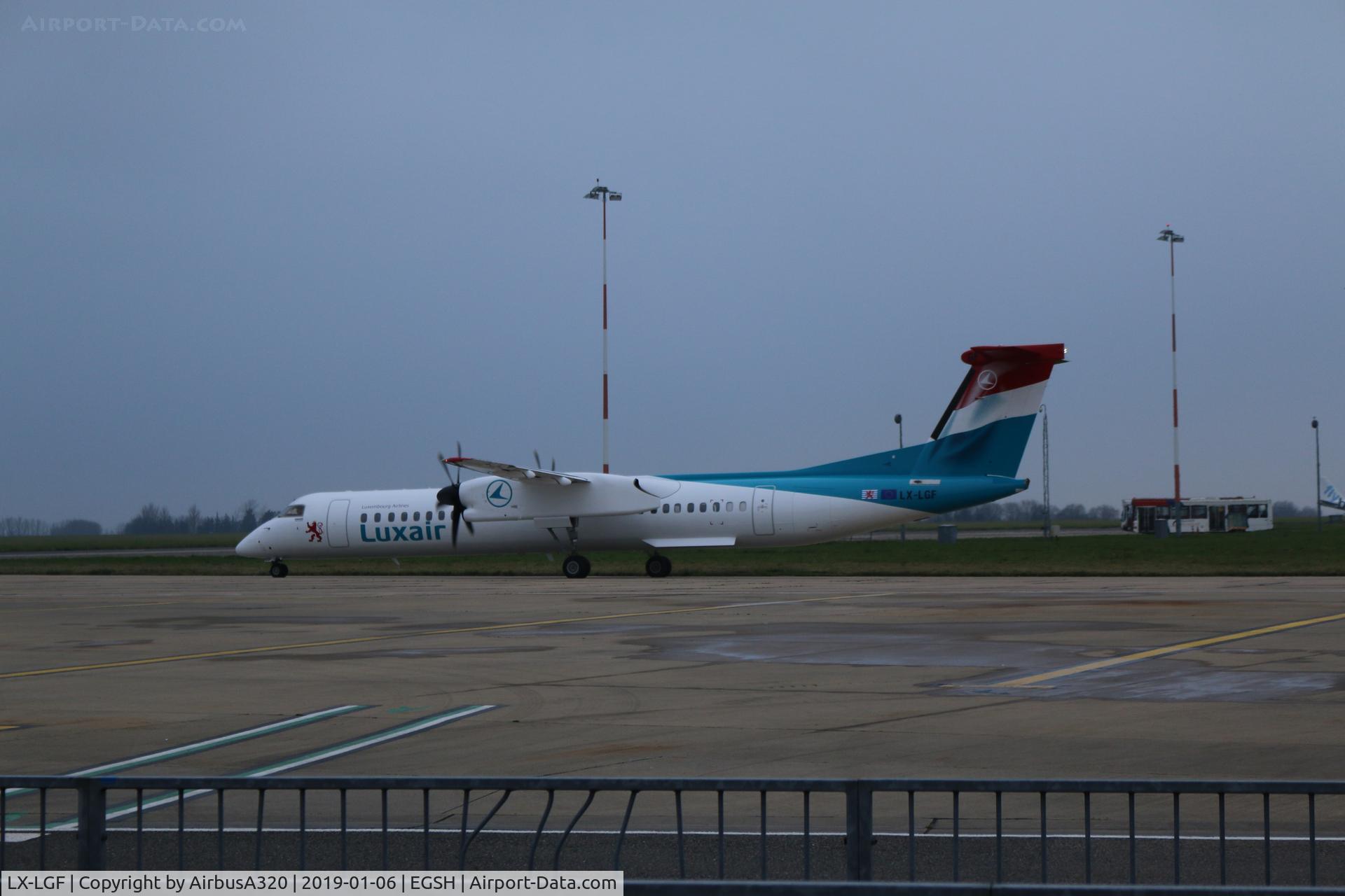 LX-LGF, 2011 De Havilland Canada DHC-8-402Q Dash 8 C/N 4349, Departing Norwich after a repaint with Air Livery