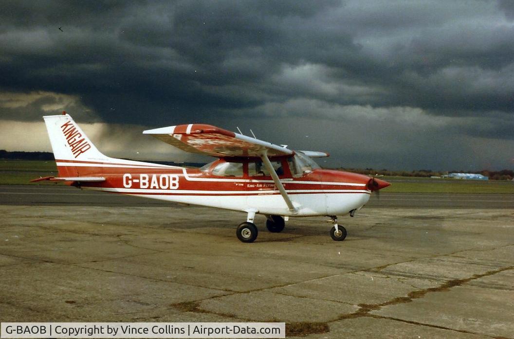 G-BAOB, 1973 Reims F172M Skyhawk Skyhawk C/N 0949, Taken at Biggin Hill. Summer 1982. I flew in it, as a passenger, over the M25 in Essex (then under construction). We landed at Stapleford Tawney for a coffee. Then we flew back to Biggin Hill, dodging the rain squalls!