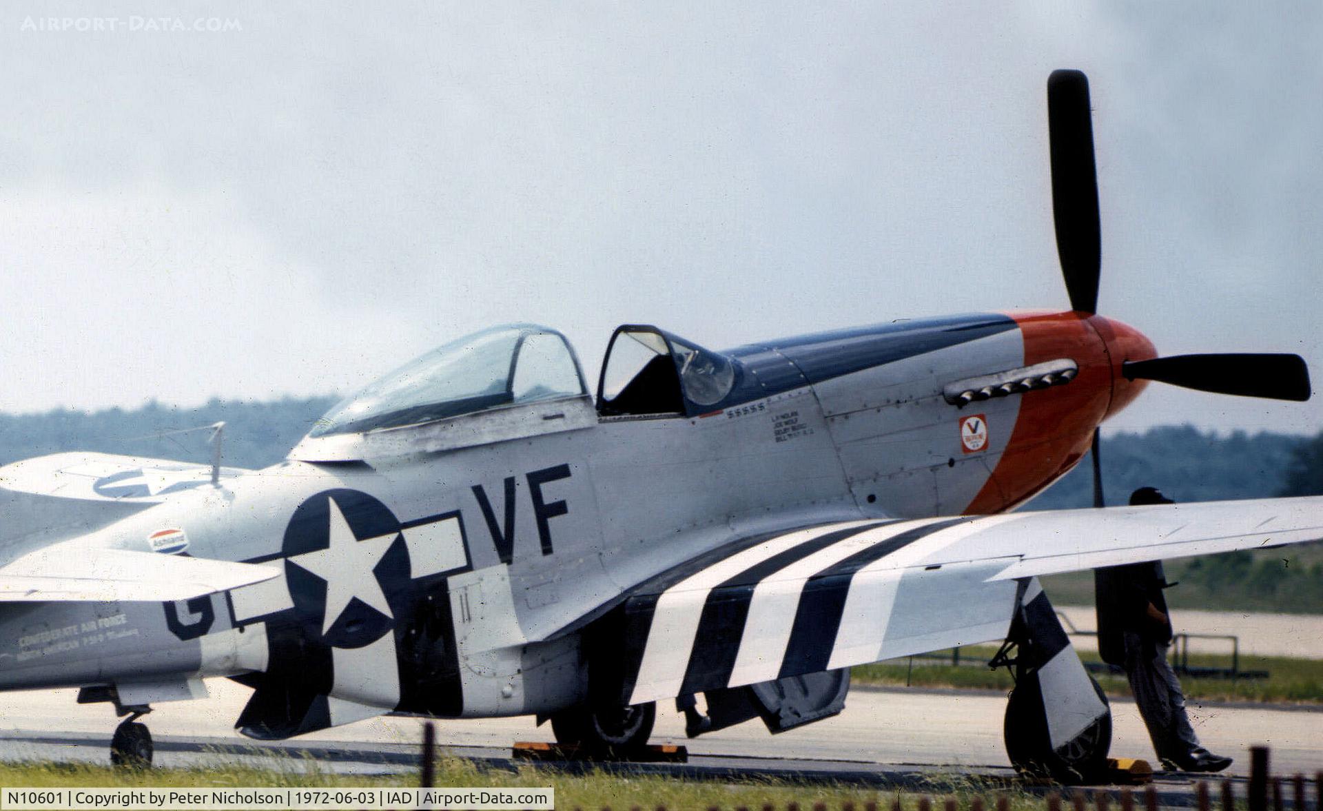 N10601, 1944 North American P-51D Mustang C/N 122-40383, This P-51D of the Confederate Air force was on display at the U.S. International Transportation Exposition known as Transpo 72 held at Dulles International Airport, Virginia.