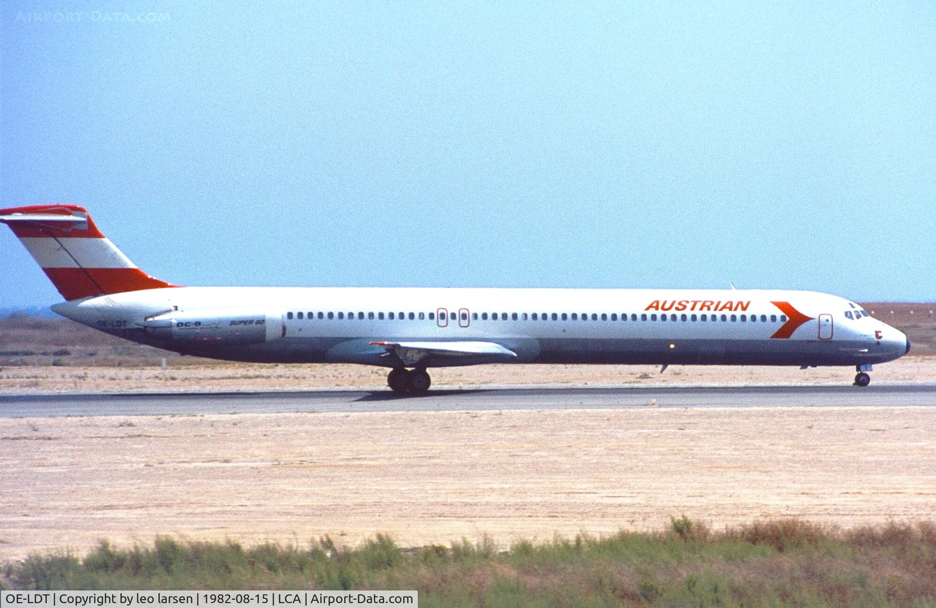 OE-LDT, 1981 McDonnell Douglas MD-81 (DC-9-81) C/N 48018, Larnaca 15.8.1982. with DC-9 Super 80 on engine cowling.