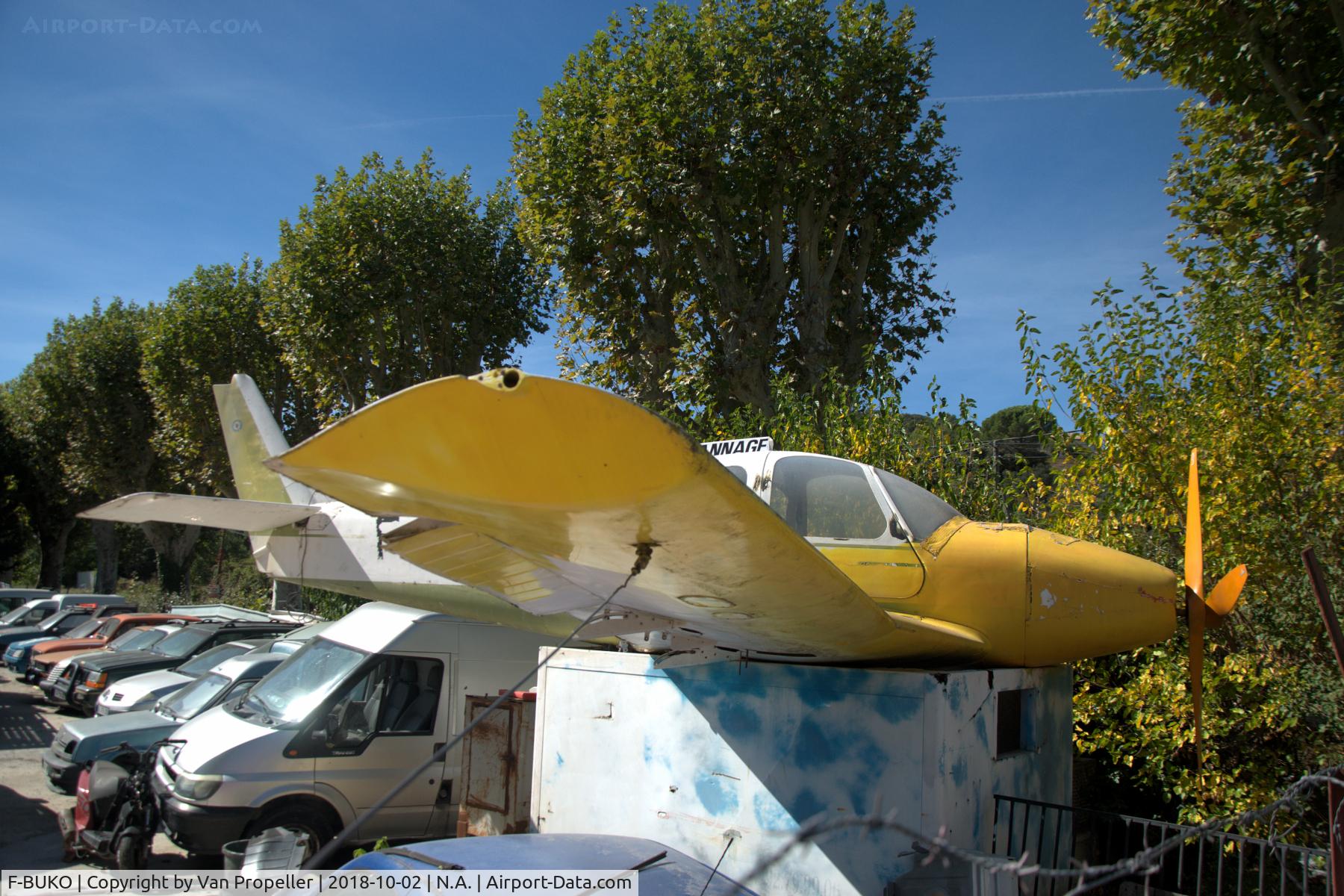 F-BUKO, Wassmer WA-52 Europa C/N 102, Wassmer WA-52 Europa. Eyecatcher at a road assistance company (depannage) in Corbières, France. Note: fake engine nacelle and propeller