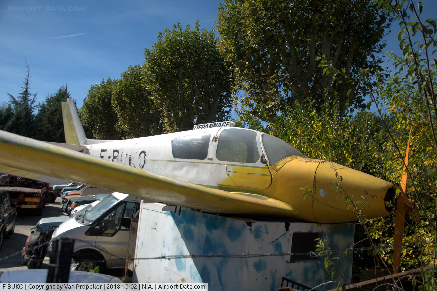 F-BUKO, Wassmer WA-52 Europa C/N 102, Wassmer WA-52 Europa. Eyecatcher at a road assistance company (depannage) in Corbières, France. Note: fake engine nacelle and propeller