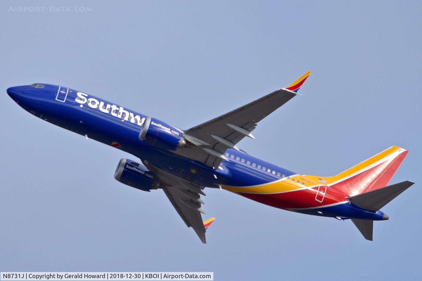 N8731J, 2018 Boeing 737-8 MAX C/N 42550, Departing BOI.