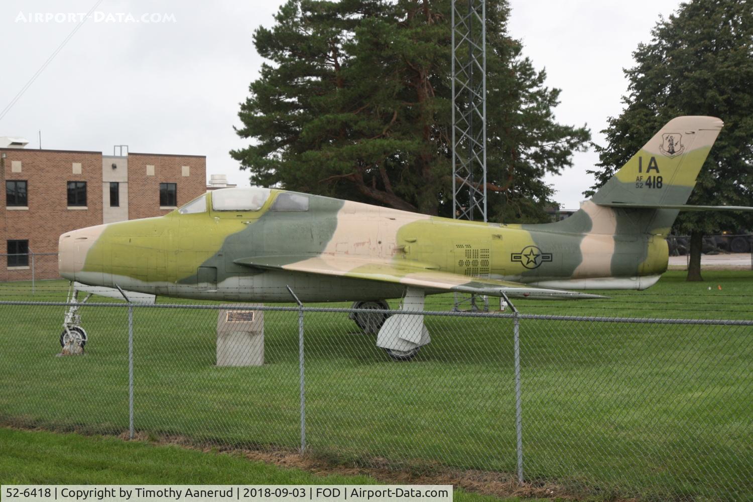 52-6418, 1952 Republic F-84F Thunderstreak C/N Not found 52-6418, 1952 Republic F-84F Thunderstreak, 52-6418. Iowa ANG at Fort Dodge, Iowa