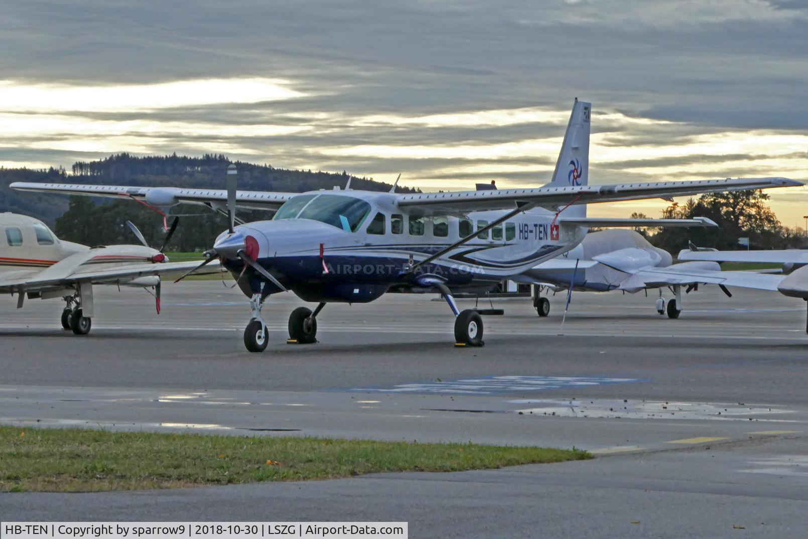 HB-TEN, 2015 Cessna 208B GrandCaravan EX C/N 208B-5183, At Grenchen. Apron full. Vortex generators clearly visible.