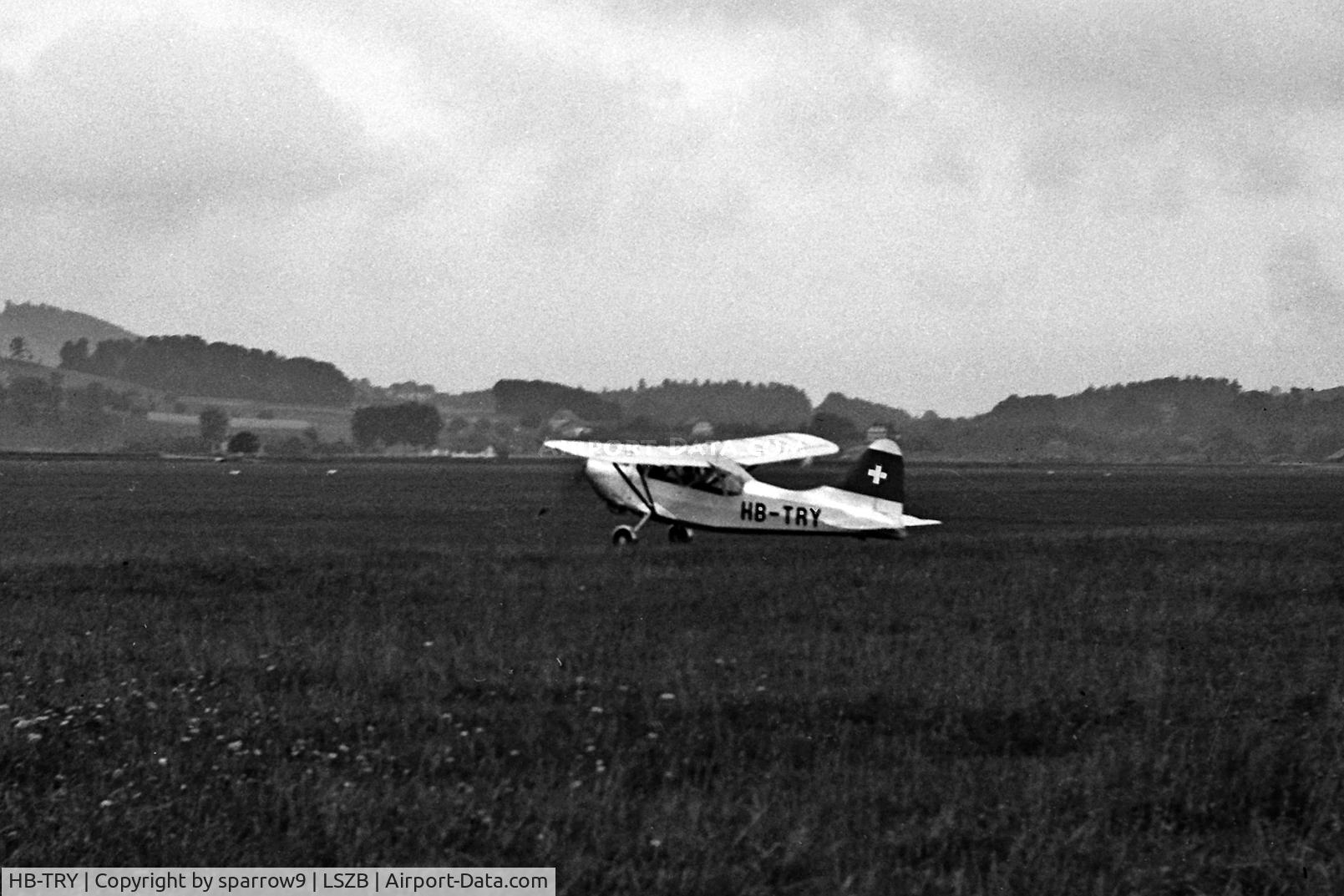 HB-TRY, 1942 Stinson L-5 Sentinel C/N 76-1427, At Berne-Belp airport. Probably summer 1954 or 1955. HB-registered from 1950-03-31 until 1968-12-24 and after rebuild since 2006-05-04. Scanned from a 6x9cm b+w-negative.