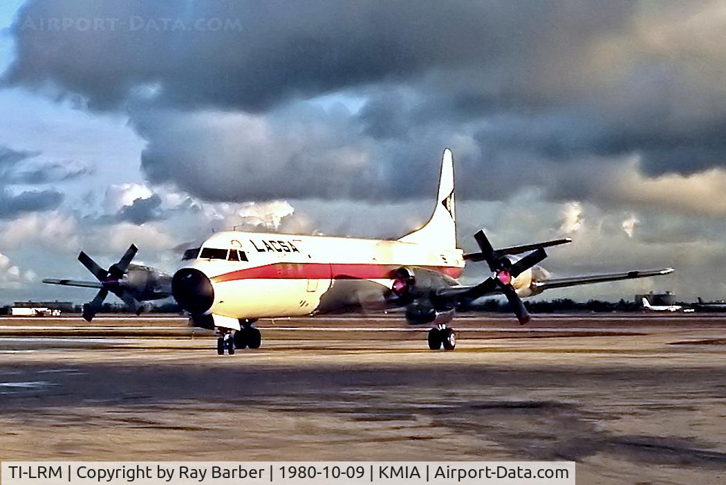 TI-LRM, 1959 Lockheed L-188C(F) Electra C/N 2002, TI-LRM   Lockheed L-188CF Electra [2002] (LACSA) Miami Int'l~N 09/10/1980. From a slide.