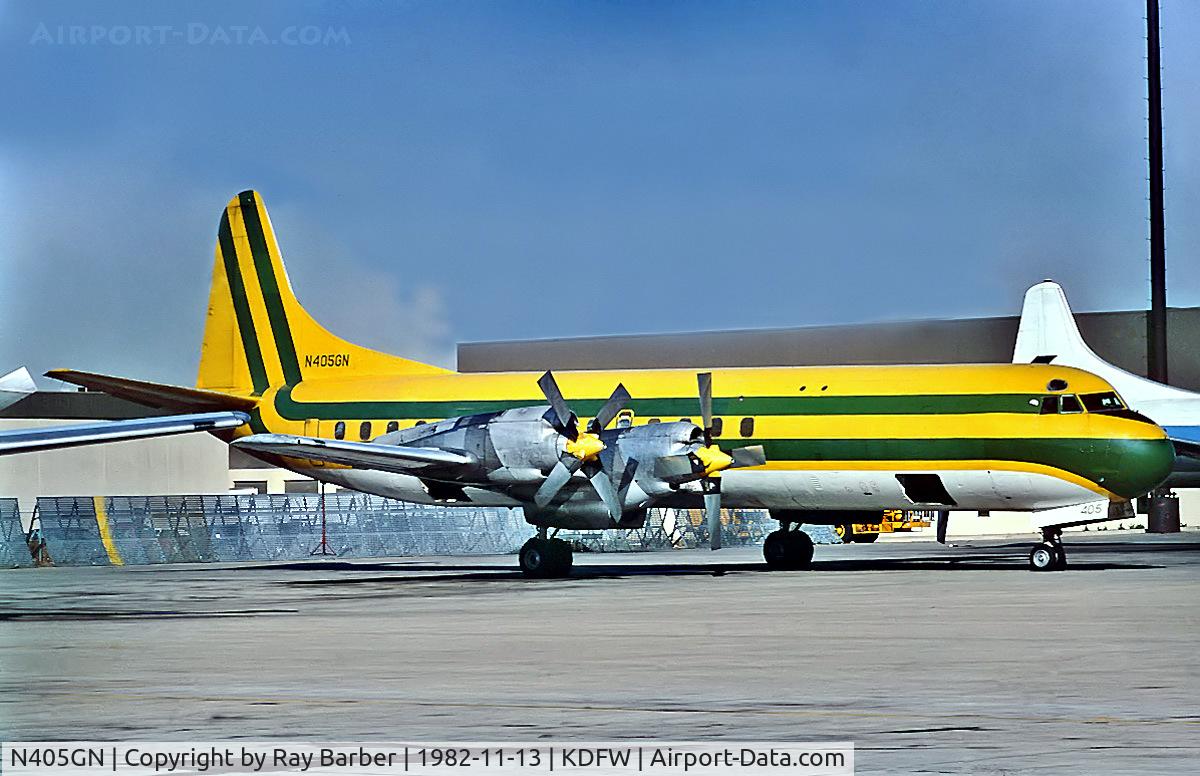 N405GN, 1959 Lockheed L-188A Electra C/N 188A-1094, N405GN   Lockheed L-188PF Electra [1094] (Spirit of America Airlines) Dallas-Fort Worth Int'l~N 13/11/1982. From a slide.
