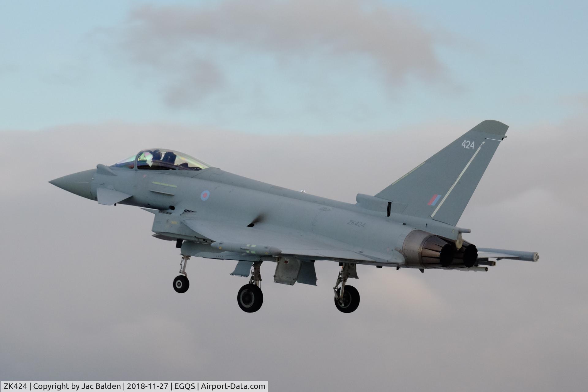 ZK424, 2017 Eurofighter EF-2000 Typhoon FGR4 C/N BS140, ZK424 returning from a sortie for a full stop landing after multiple touch and goes at RAF Lossiemouth