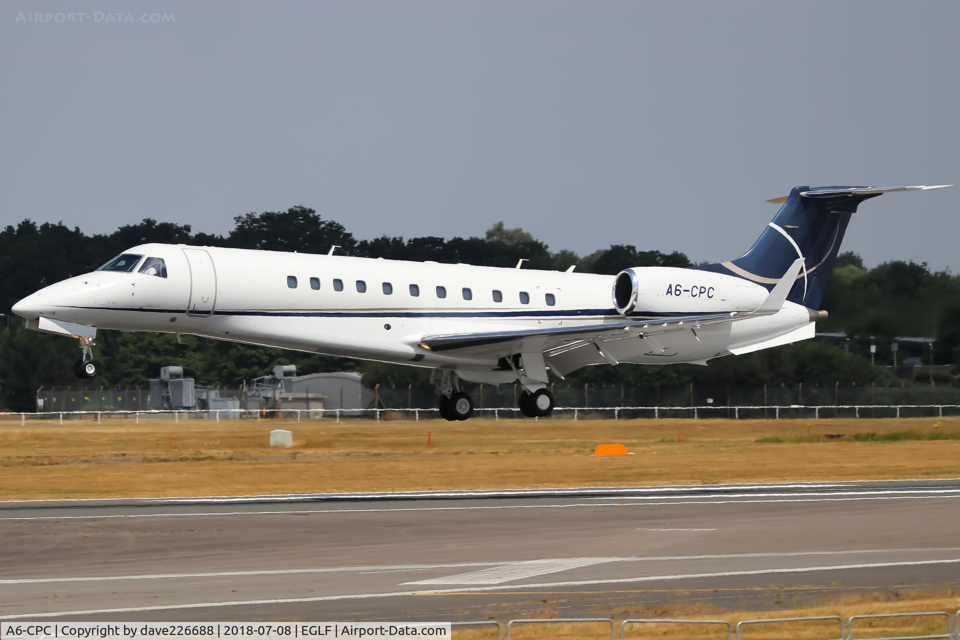 A6-CPC, 2006 Embraer EMB-135BJ Legacy 600 C/N 14500960, Gama Aviation Embraer landing in the sun at Farnborough