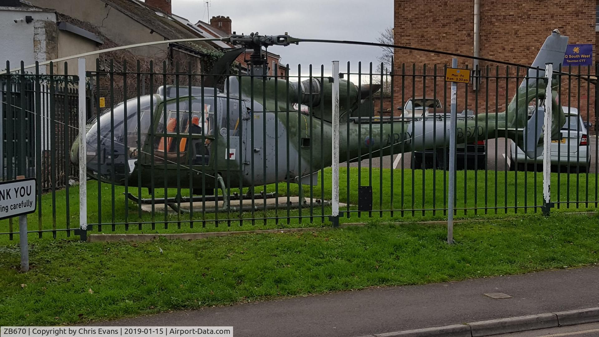 ZB670, Westland SA-341B Gazelle AH1 C/N 1951, On display at the TA Centre, Gipsy Lane, Taunton, UK.