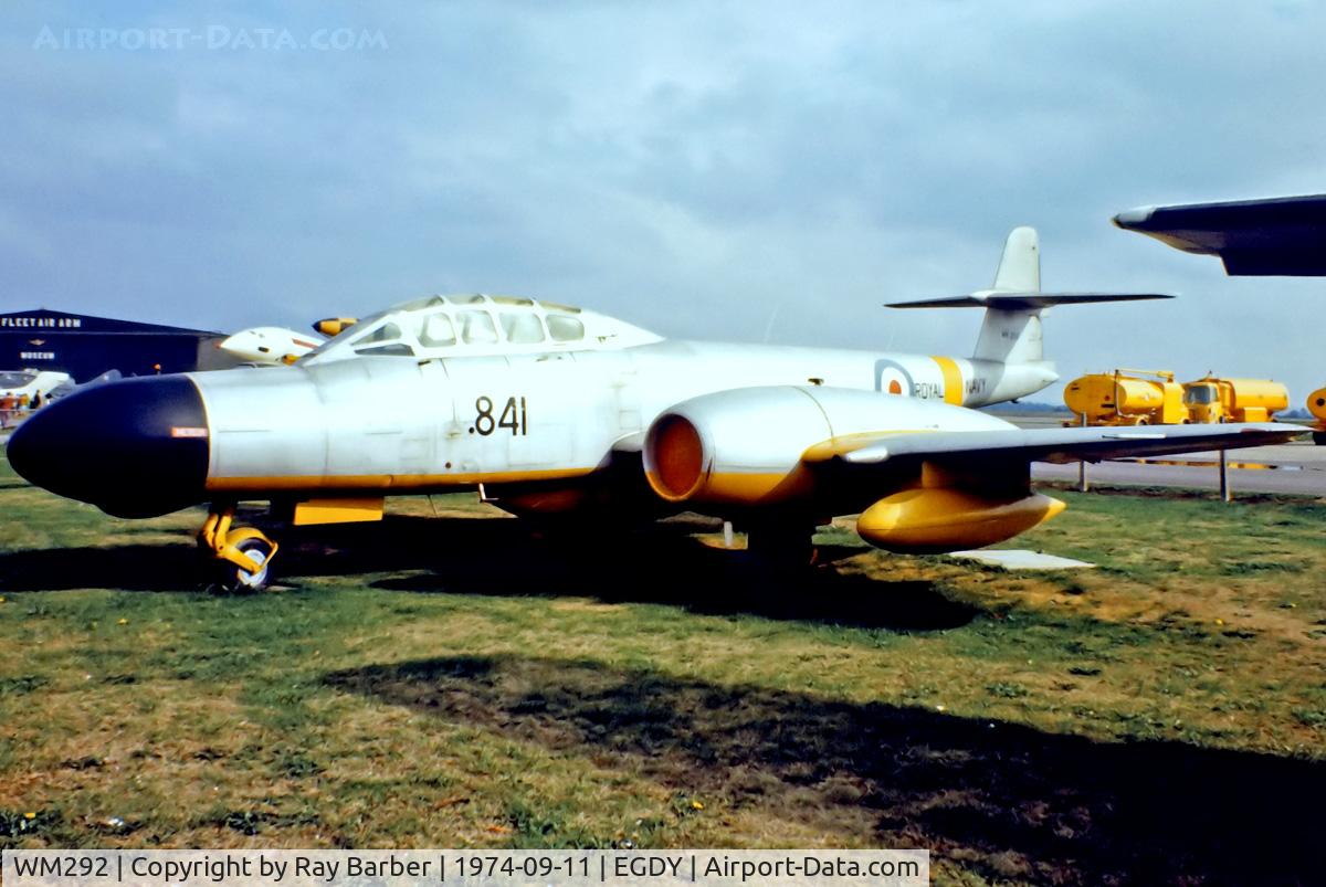 WM292, 1952 Gloster Meteor TT.20 C/N Not found WM292, WM292   Gloster Meteor TT.20 [AW.5627] (Ex Royal Navy / Fleet Air Arm Museum) RNAS Yeovilton~G 11/09/1974. From a slide.