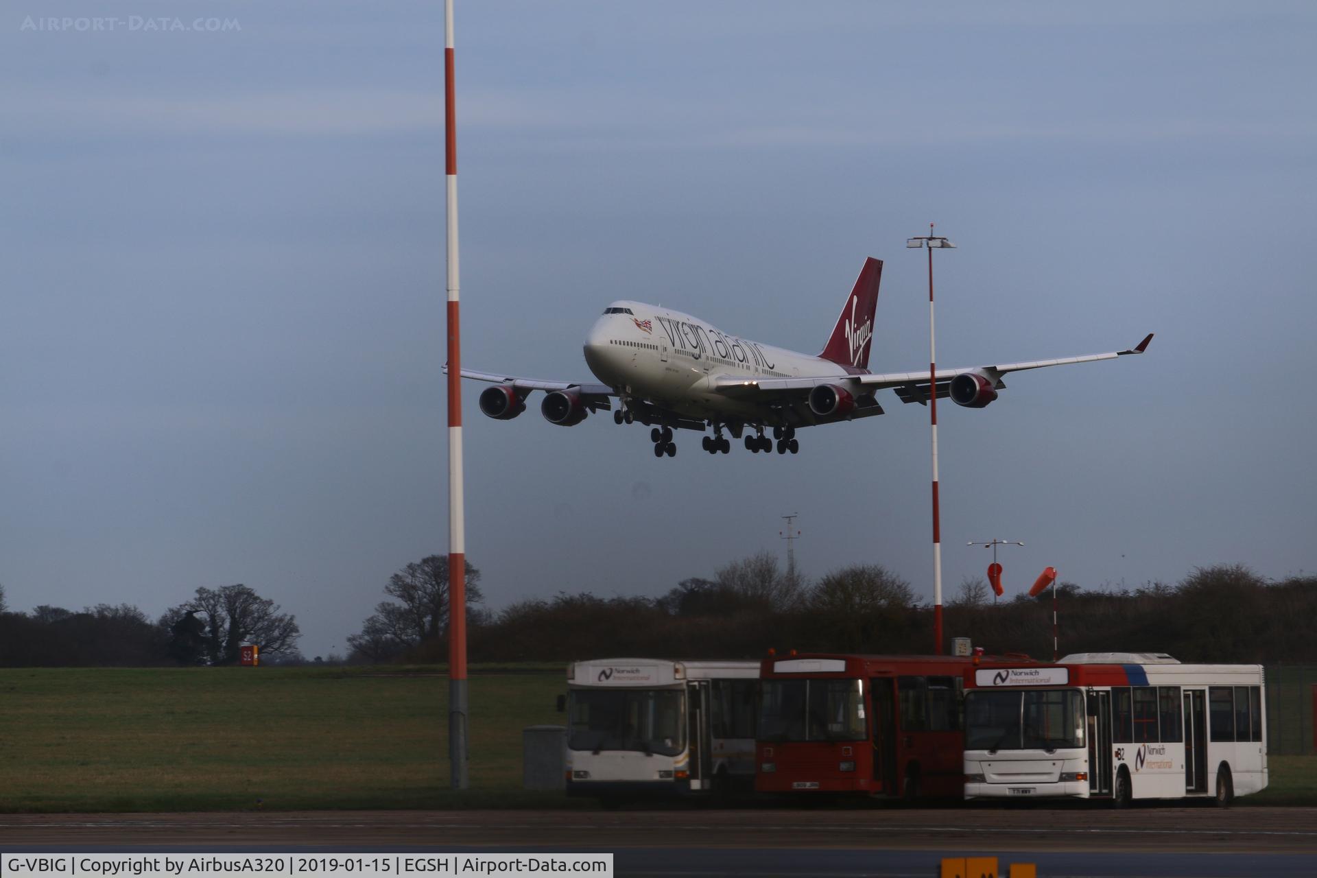 G-VBIG, 1996 Boeing 747-4Q8 C/N 26255, Power on after carrying out an ILS Approach at Norwich